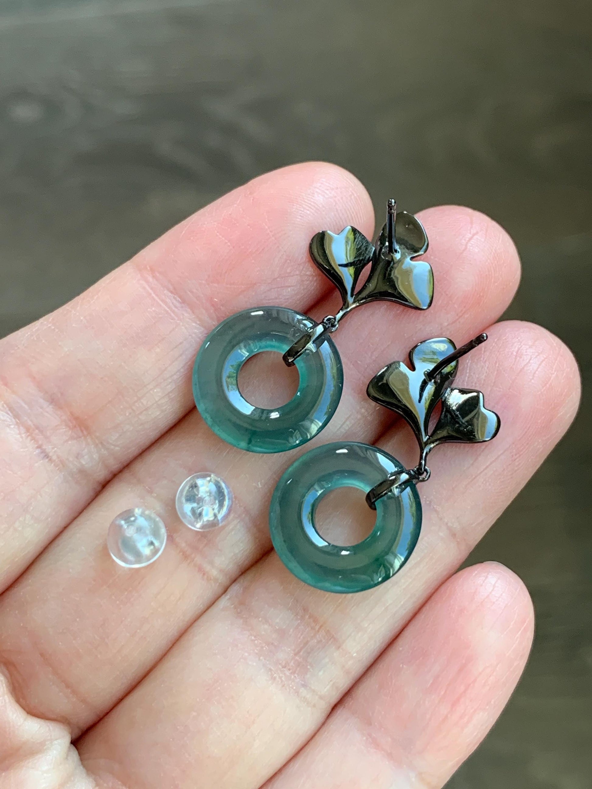 Natural Guatemalan Icy Translucent Teal Green Jadeite Ping An Kou Donut Stud Earrings Sterling Silver Black Rhodium 天然冰危蓝绿翡翠平安扣银杏叶耳钉 PAD-C