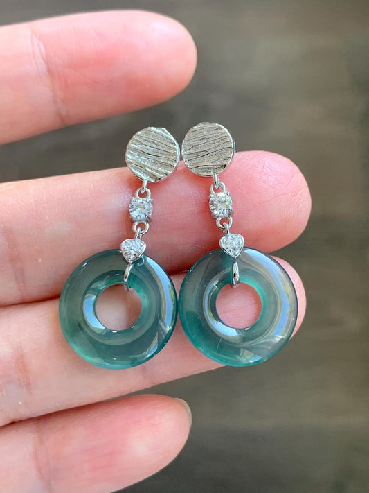 Natural Guatemalan Icy Highly Translucent Teal Green Jade Jadeite Ping An Kou Donut Stud Earrings Sterling Silver 天然冰危蓝绿翡翠平安扣耳钉 PAD-D