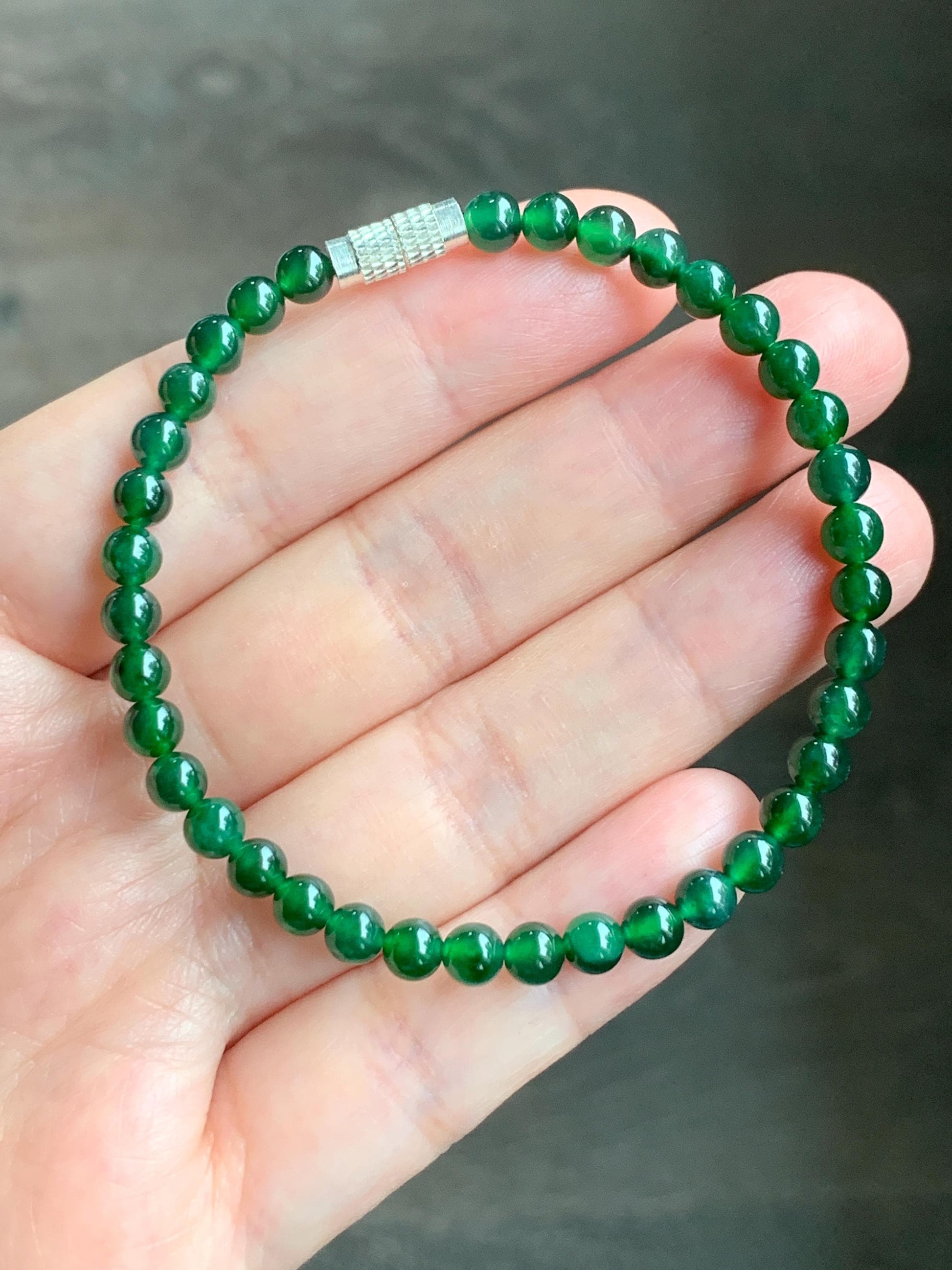 Natural Grade A Guatemalan Icy Translucent Vibrant Jade Jadeite Petite Beads Beaded Bracelet 4.6mm 6.75” 8g 天然冰危绿翡翠小圆珠手串 ZWL330
