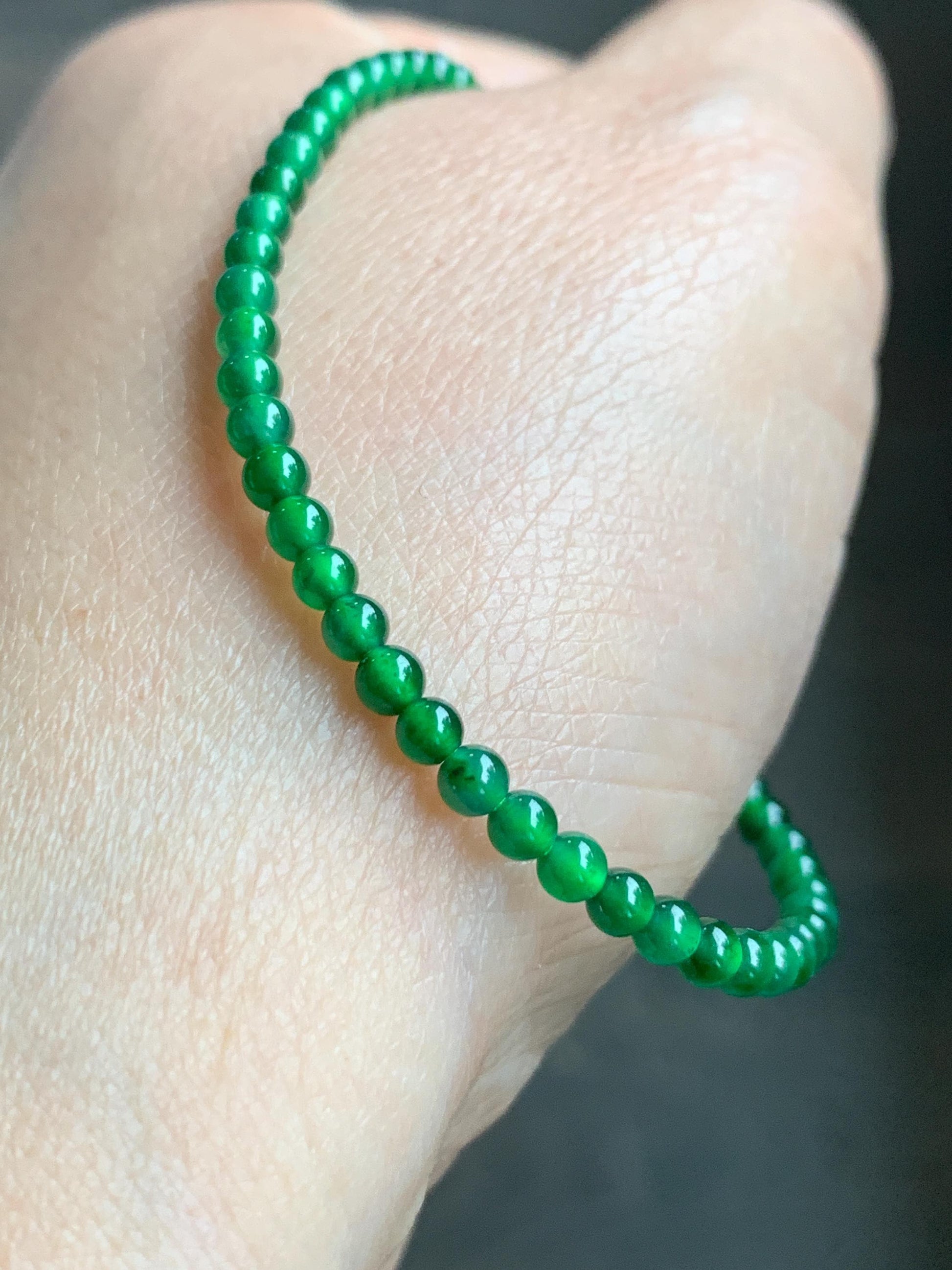Natural Grade A Guatemalan Icy Highly Translucent Vibrant Jade Jadeite Petite Beads Beaded Bracelet 3mm 7.25” 4g 天然冰危绿翡翠小圆珠手串 WXM165