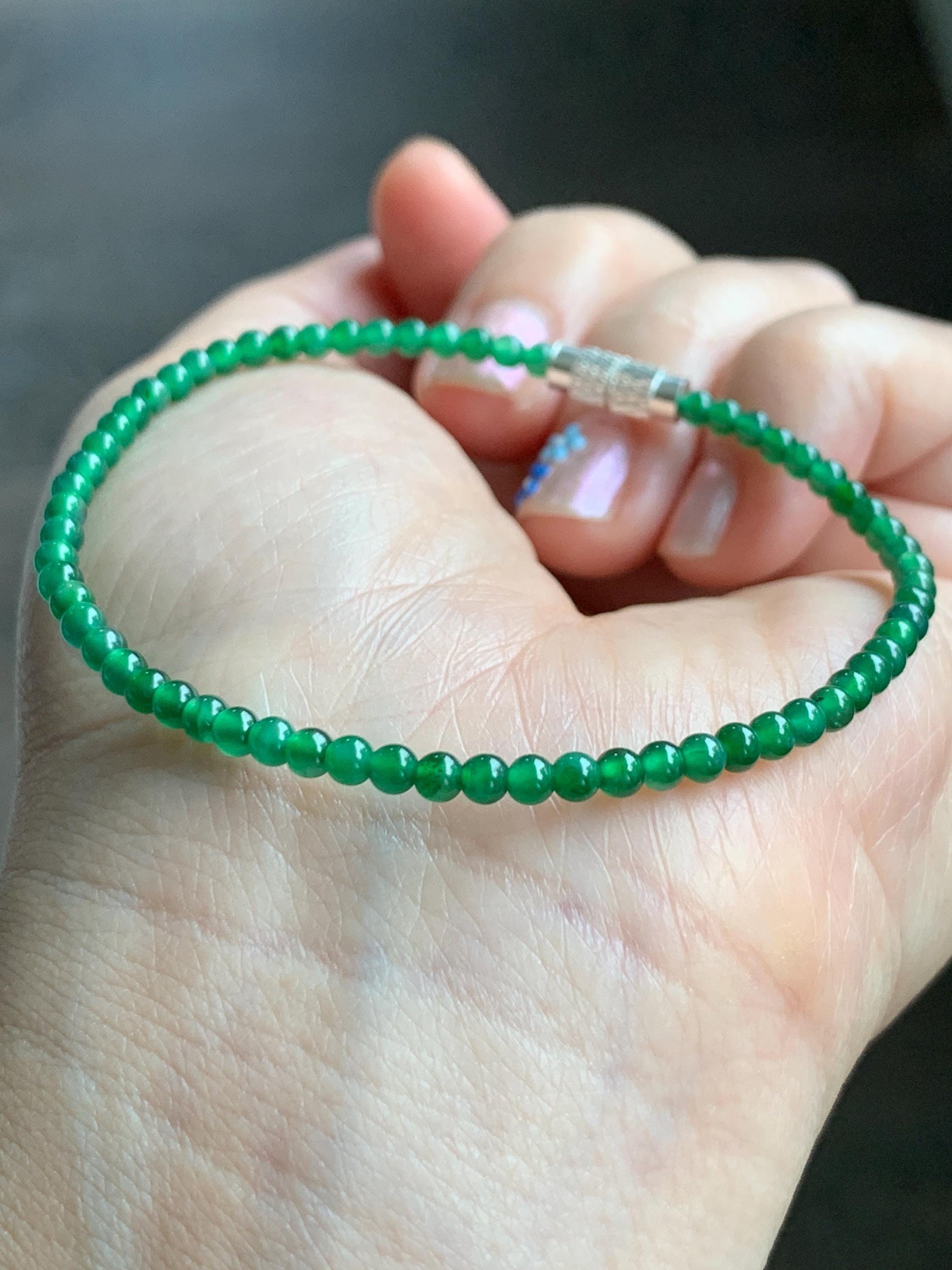 Natural Grade A Guatemalan Icy Highly Translucent Vibrant Green Jadeite Petite Beads Beaded Bracelet 7.25” 3mm 4g 天然冰危绿翡翠小卡圆珠手串 WXM570