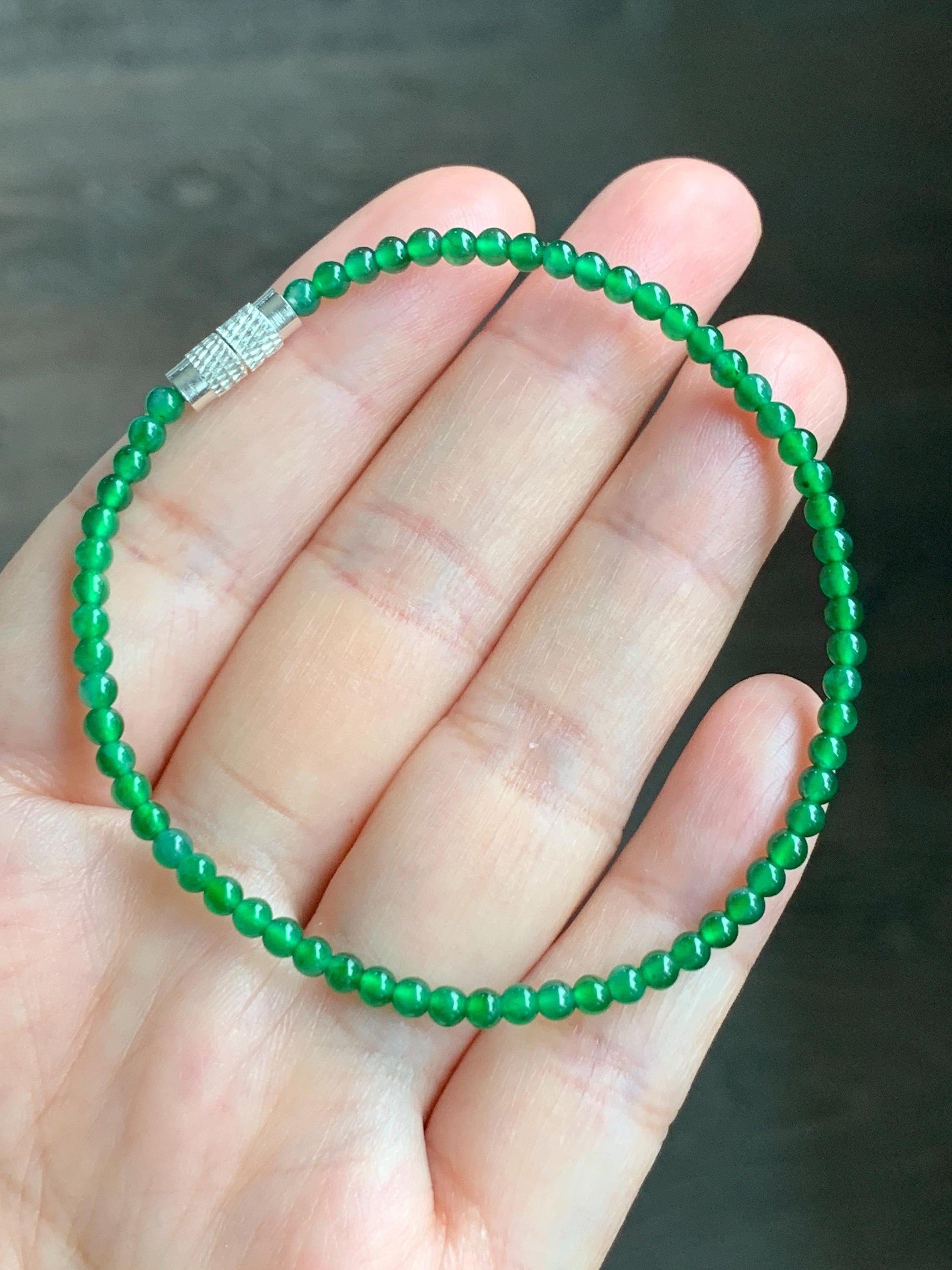 Natural Grade A Guatemalan Icy Highly Translucent Vibrant Green Jadeite Petite Beads Beaded Bracelet 7.25” 3mm 4g 天然冰危绿翡翠小卡圆珠手串 WXM570