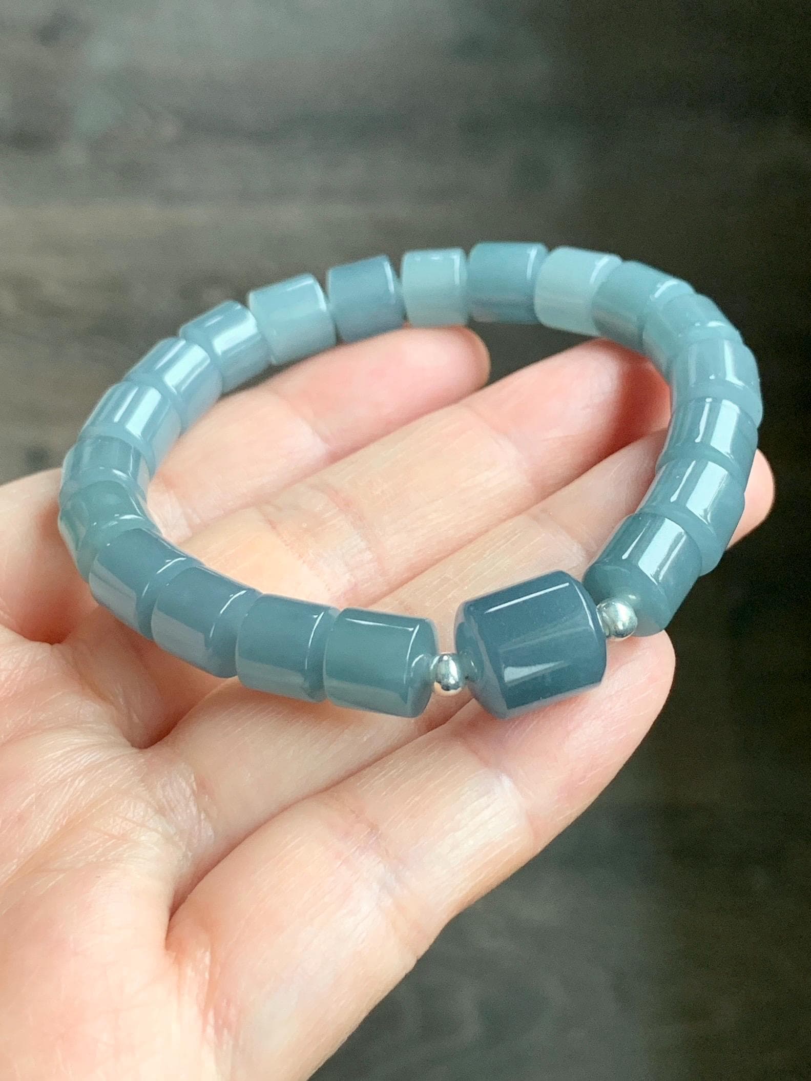 Natural Grade A Guatemalan Icy Translucent Gelatinous Dusty Blue Jadeite Barrel Beads Beaded Bracelet Stretchy 6.75” 26g 天然冰危篮翡翠桶珠手串 WLG213A
