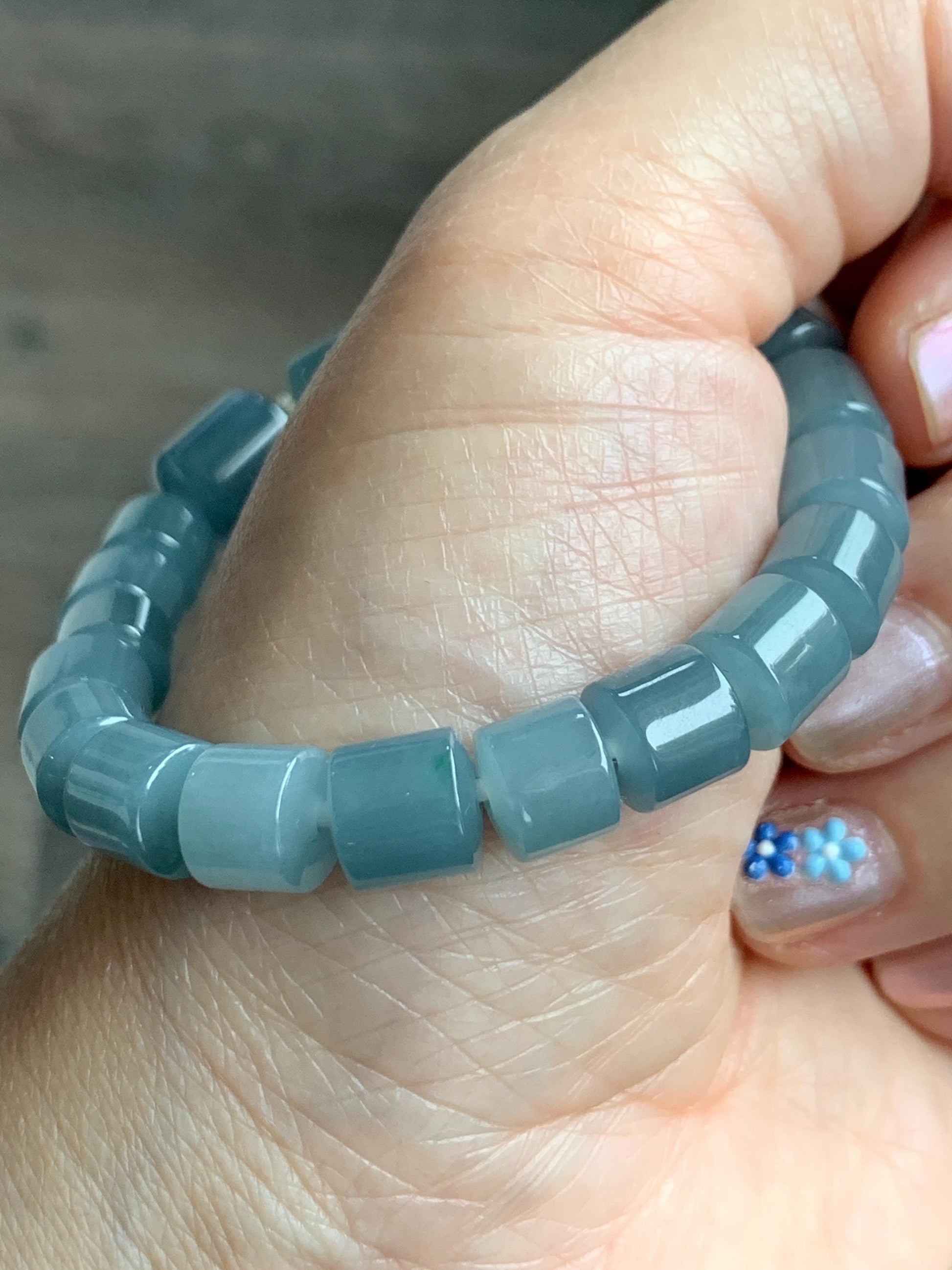 Natural Grade A Guatemalan Icy Translucent Gelatinous Dusty Blue Jadeite Barrel Beads Beaded Bracelet Stretchy 6.75” 26g 天然冰危篮翡翠桶珠手串 WLG213A