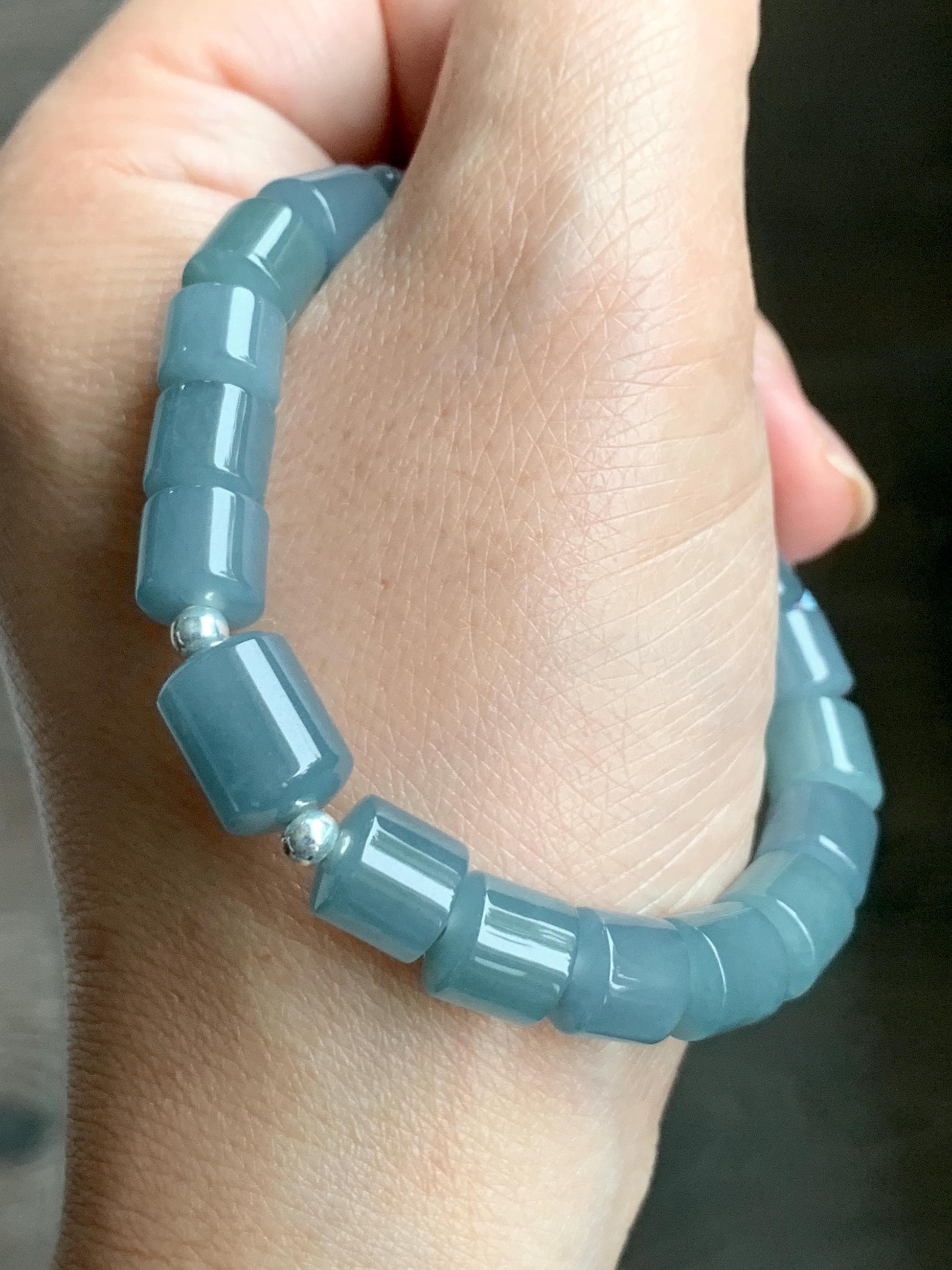 Natural Grade A Guatemalan Icy Translucent Gelatinous Dusty Blue Jadeite Barrel Beads Beaded Bracelet Stretchy 6.5” 25g 天然冰危篮翡翠桶珠手串 WLG213B