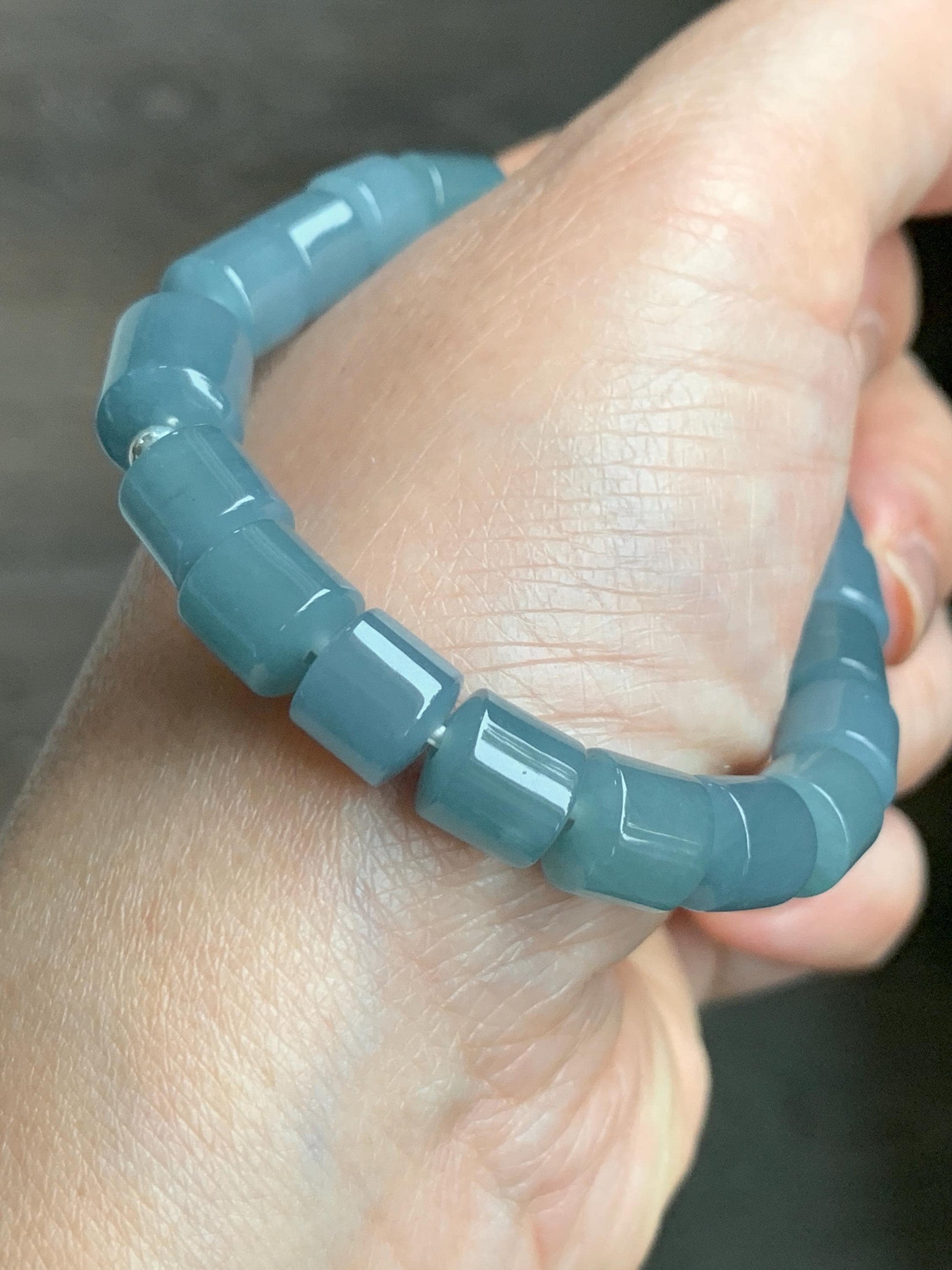 Natural Grade A Guatemalan Icy Translucent Gelatinous Dusty Blue Jadeite Barrel Beads Beaded Bracelet Stretchy 6.5” 25g 天然冰危篮翡翠桶珠手串 WLG213B