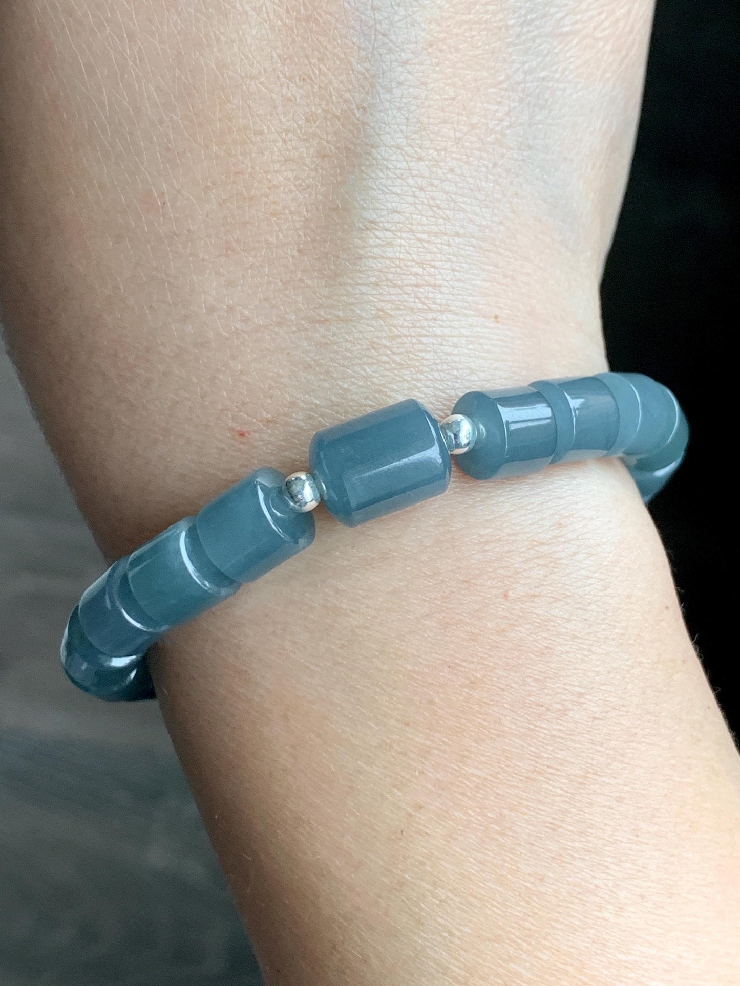 Natural Grade A Guatemalan Icy Translucent Gelatinous Dusty Blue Jadeite Barrel Beads Beaded Bracelet Stretchy 6.5” 25g 天然冰危篮翡翠桶珠手串 WLG213B