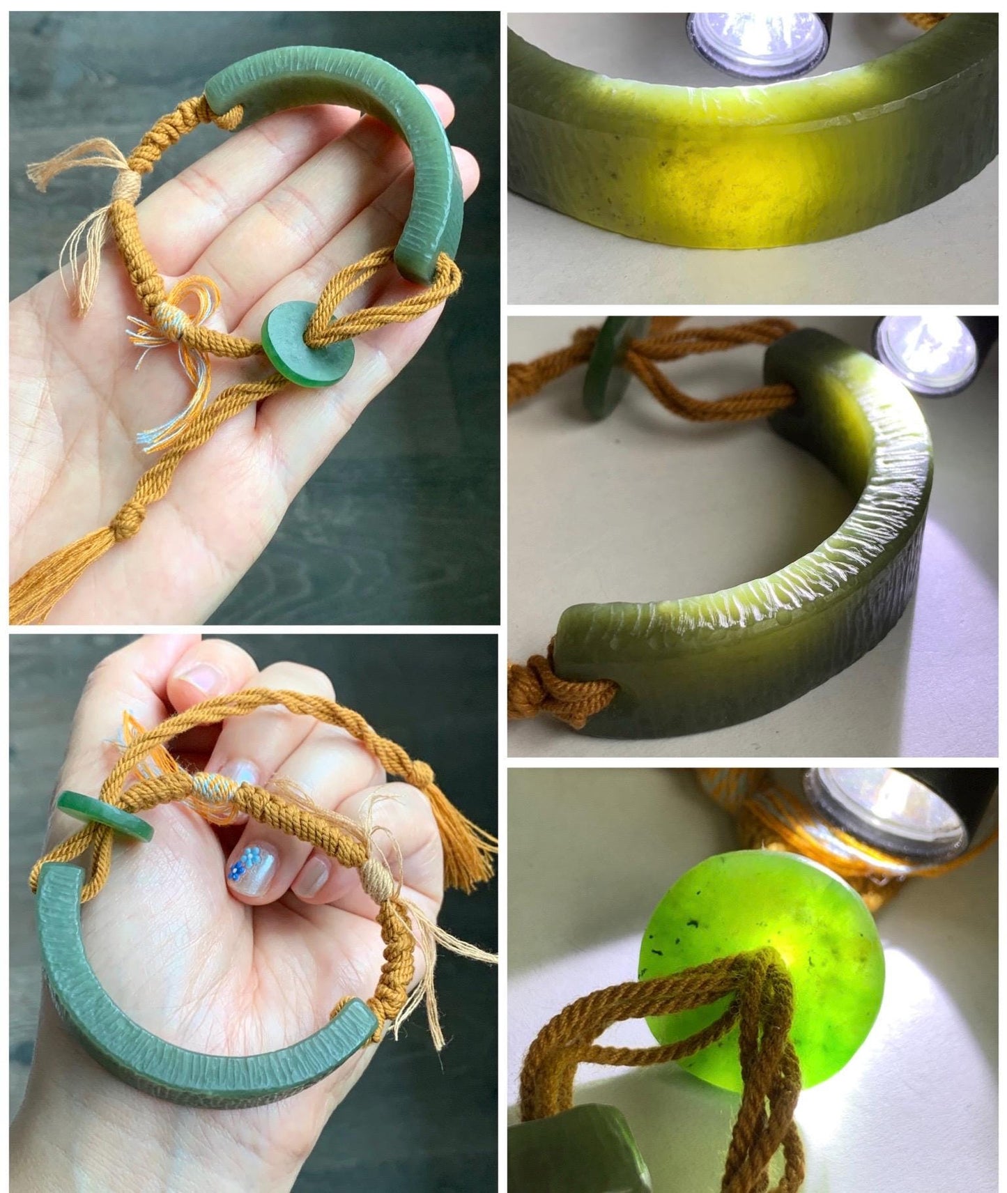 Natural Grade A Nephrite Jade Cuff Rope Bracelet Translucent Dusty Olive Green Adjustable 30g HTY-D