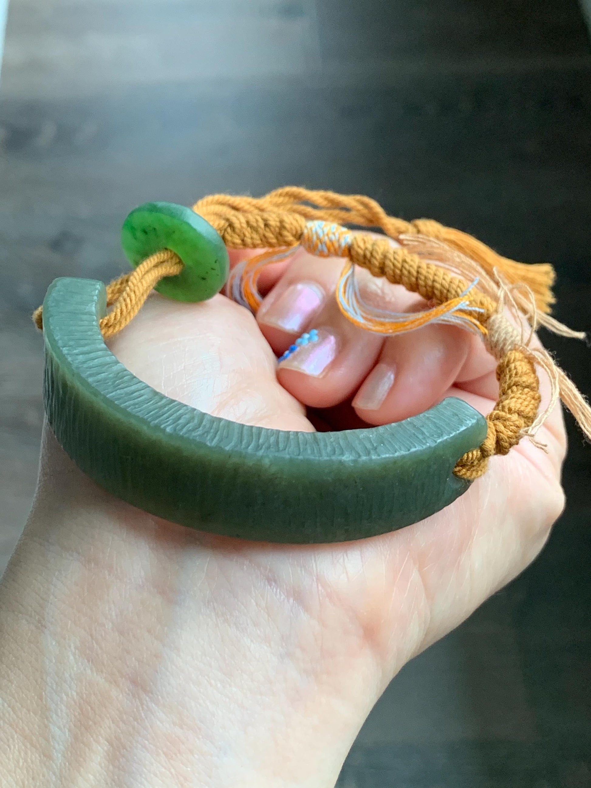 Natural Grade A Nephrite Jade Cuff Rope Bracelet Translucent Dusty Olive Green Adjustable 30g HTY-D