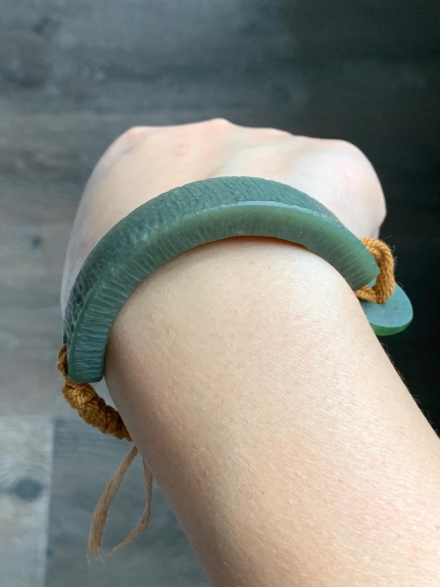 Natural Grade A Nephrite Jade Cuff Rope Bracelet Translucent Dusty Olive Green Adjustable 30g HTY-D