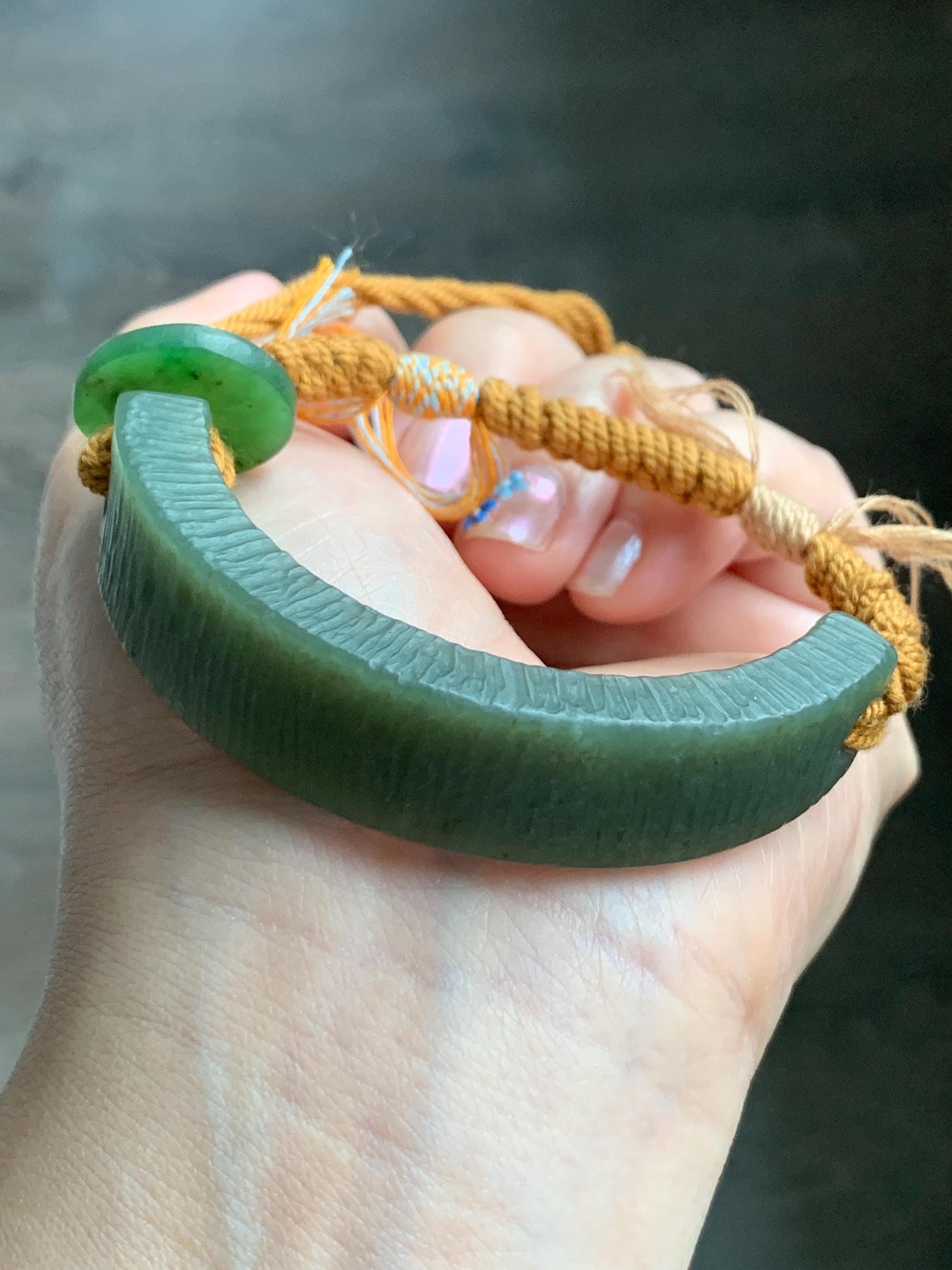Natural Grade A Nephrite Jade Cuff Rope Bracelet Translucent Dusty Olive Green Adjustable 30g HTY-D