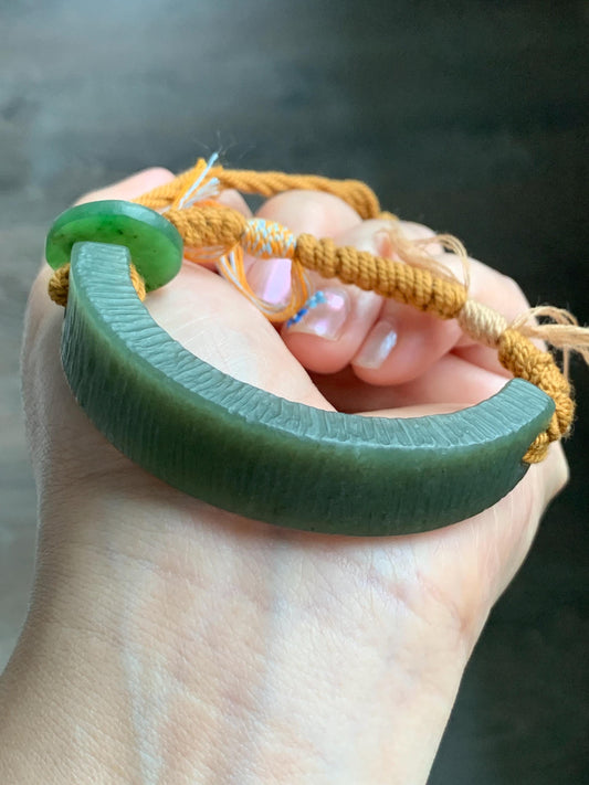 Natural Grade A Nephrite Jade Cuff Rope Bracelet Translucent Dusty Olive Green Adjustable 30g HTY-D