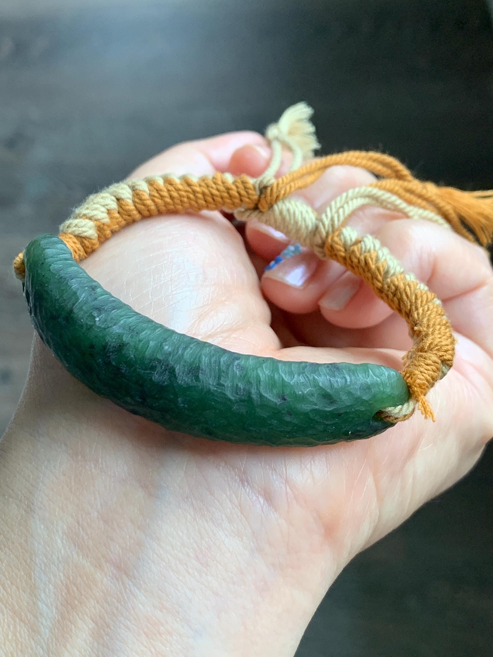 Natural Grade A Nephrite Jade Cuff Rope Bracelet Translucent Dark Green Adjustable 7" 22g HTY-E