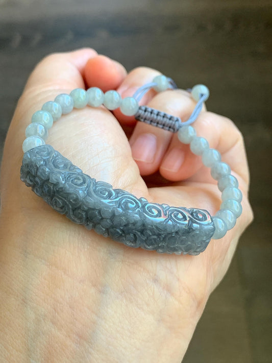 Natural Grade A Icy Translucent Wuji Jadeite Engraved Cuff Wuji Jadeite Beads Beaded Rope Bracelet 6.75” 19g 天然冰乌鸡翡翠仿古雕手牌手串 FGW129
