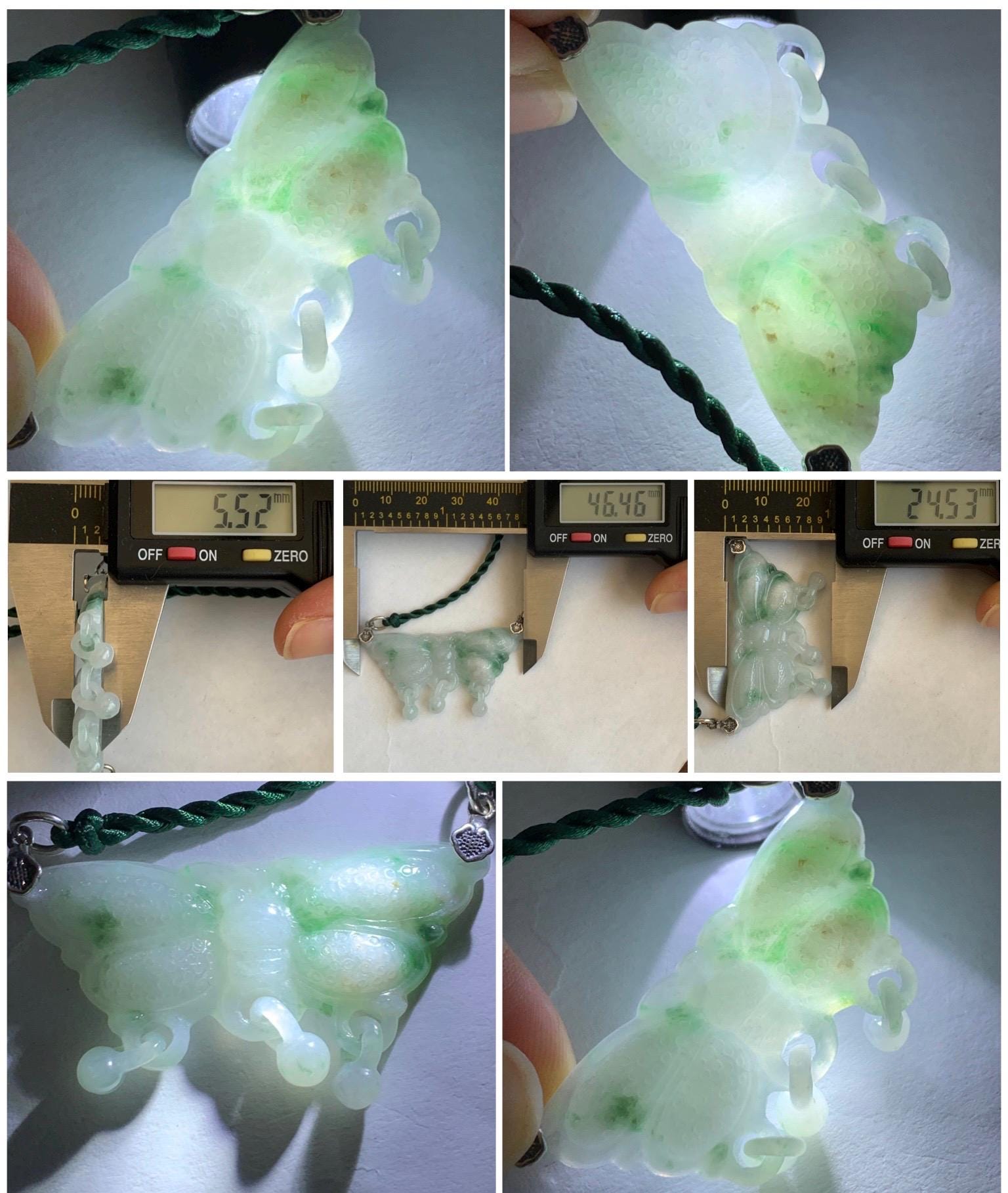 Natural Grade A Icy Translucent Green Marbled Jadeite Butterfly Pendant Rope Necklace Sterling Silver Clasp 20” 11g 天然冰飘花翡翠蝴蝶玉衡吊坠项链 A