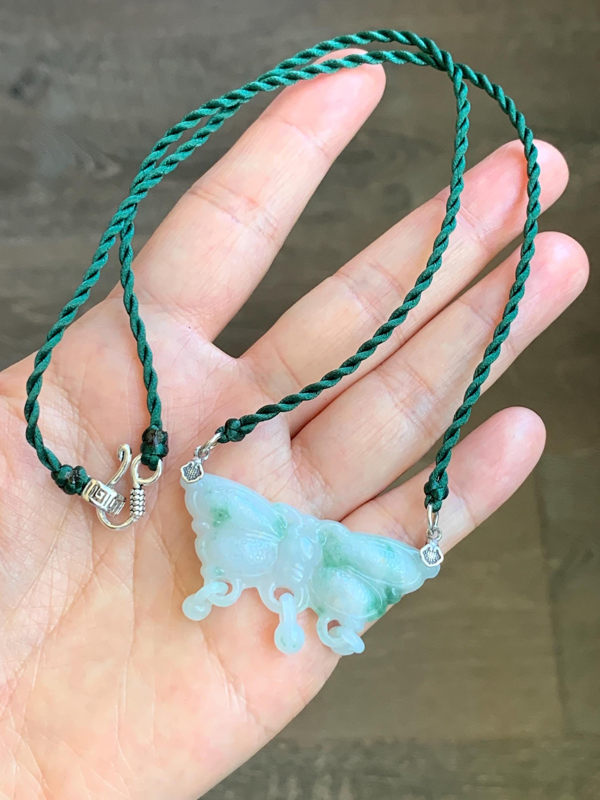 Natural Grade A Icy Translucent Green Marbled Jadeite Butterfly Pendant Rope Necklace Sterling Silver Clasp 20” 11g 天然冰飘花翡翠蝴蝶玉衡吊坠项链 A