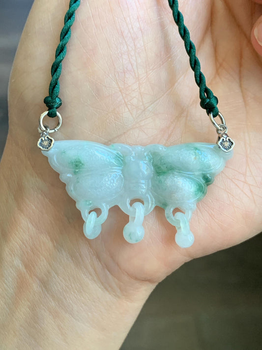 Natural Grade A Icy Translucent Green Marbled Jadeite Butterfly Pendant Rope Necklace Sterling Silver Clasp 20” 11g 天然冰飘花翡翠蝴蝶玉衡吊坠项链 A