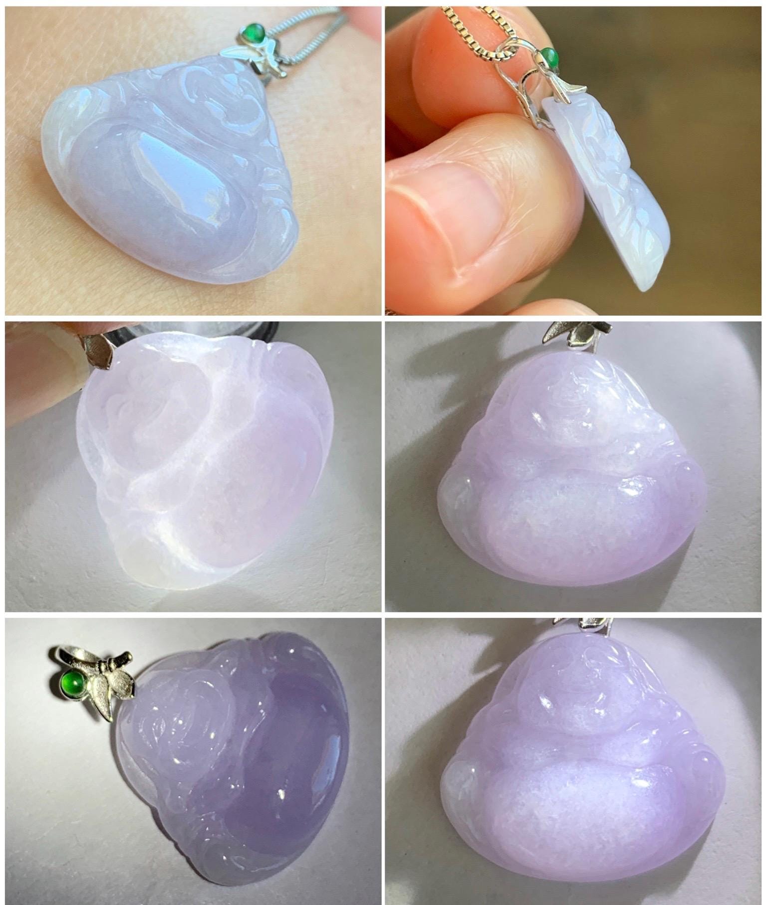 Natural Grade A Icy Translucent Light Purple Jadeite Buddha Pendant Guatemalan Green Jadeite Sterling Silver Bail 天然冰淡紫翡翠佛公吊坠危绿翡翠银扣头 BZC260