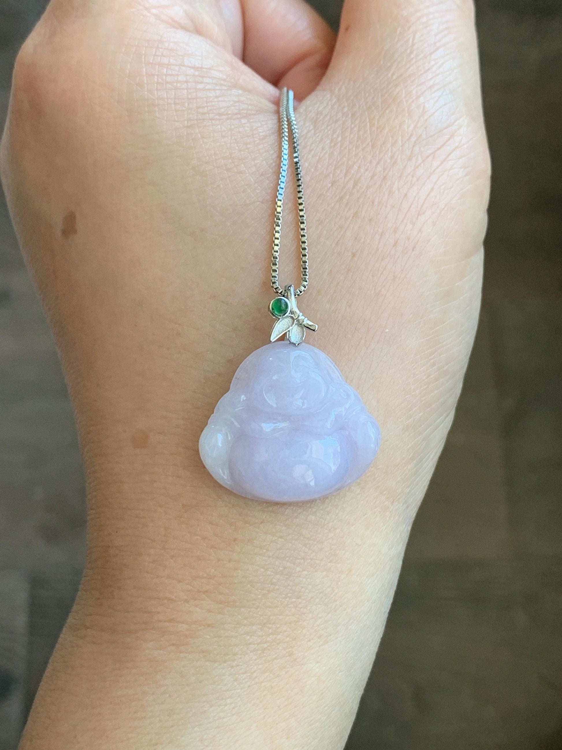 Natural Grade A Icy Translucent Light Purple Jadeite Buddha Pendant Guatemalan Green Jadeite Sterling Silver Bail 天然冰淡紫翡翠佛公吊坠危绿翡翠银扣头 BZC260