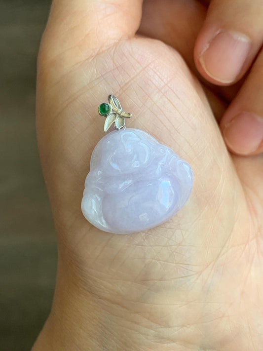 Natural Grade A Icy Translucent Light Purple Jadeite Buddha Pendant Guatemalan Green Jadeite Sterling Silver Bail 天然冰淡紫翡翠佛公吊坠危绿翡翠银扣头 BZC260
