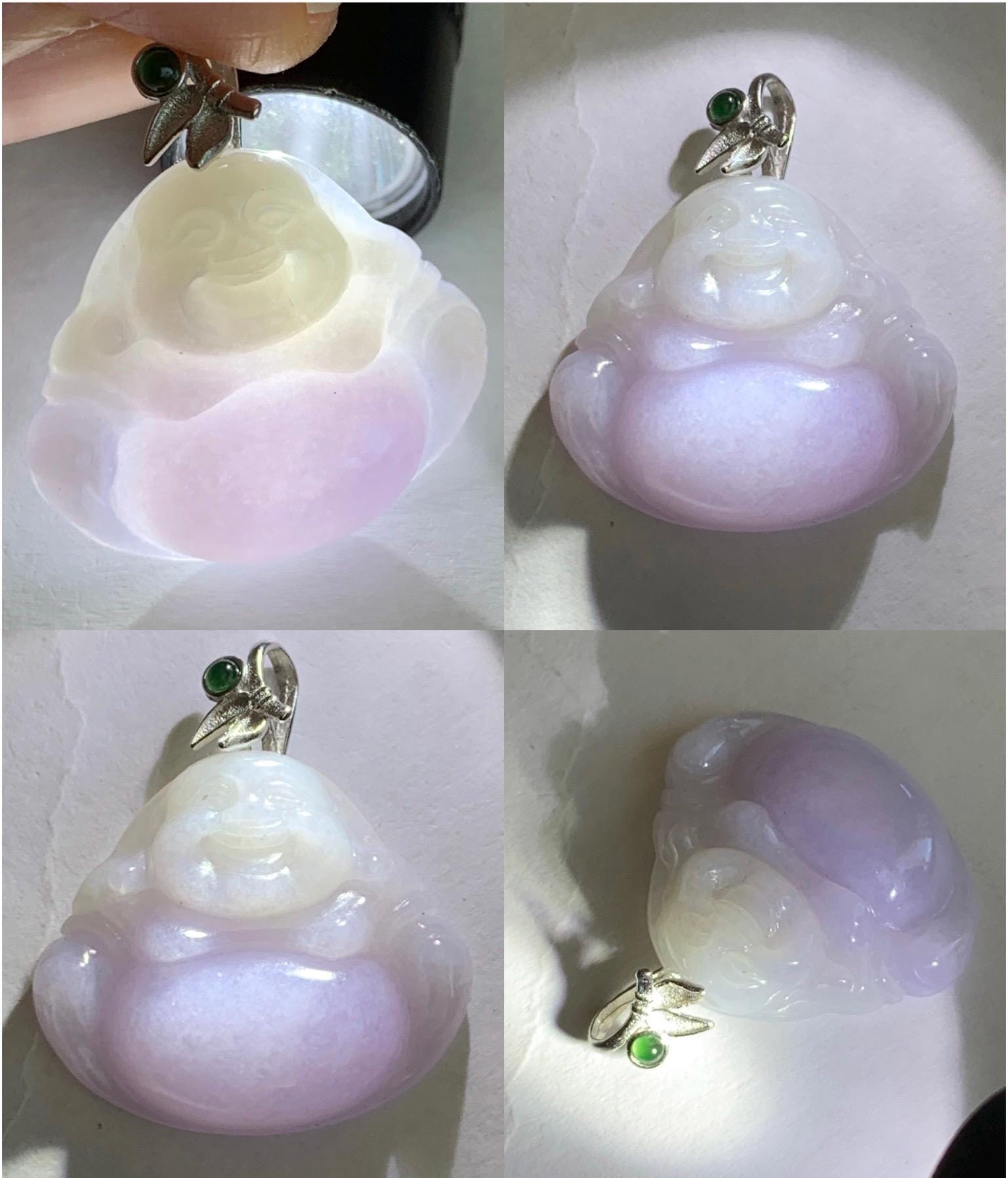 Natural Grade A Icy Translucent Light Purple Jadeite Buddha Pendant Guatemalan Green Jadeite Sterling Silver Bail 天然冰淡紫翡翠佛公吊坠危绿翡翠银扣头 BZB260