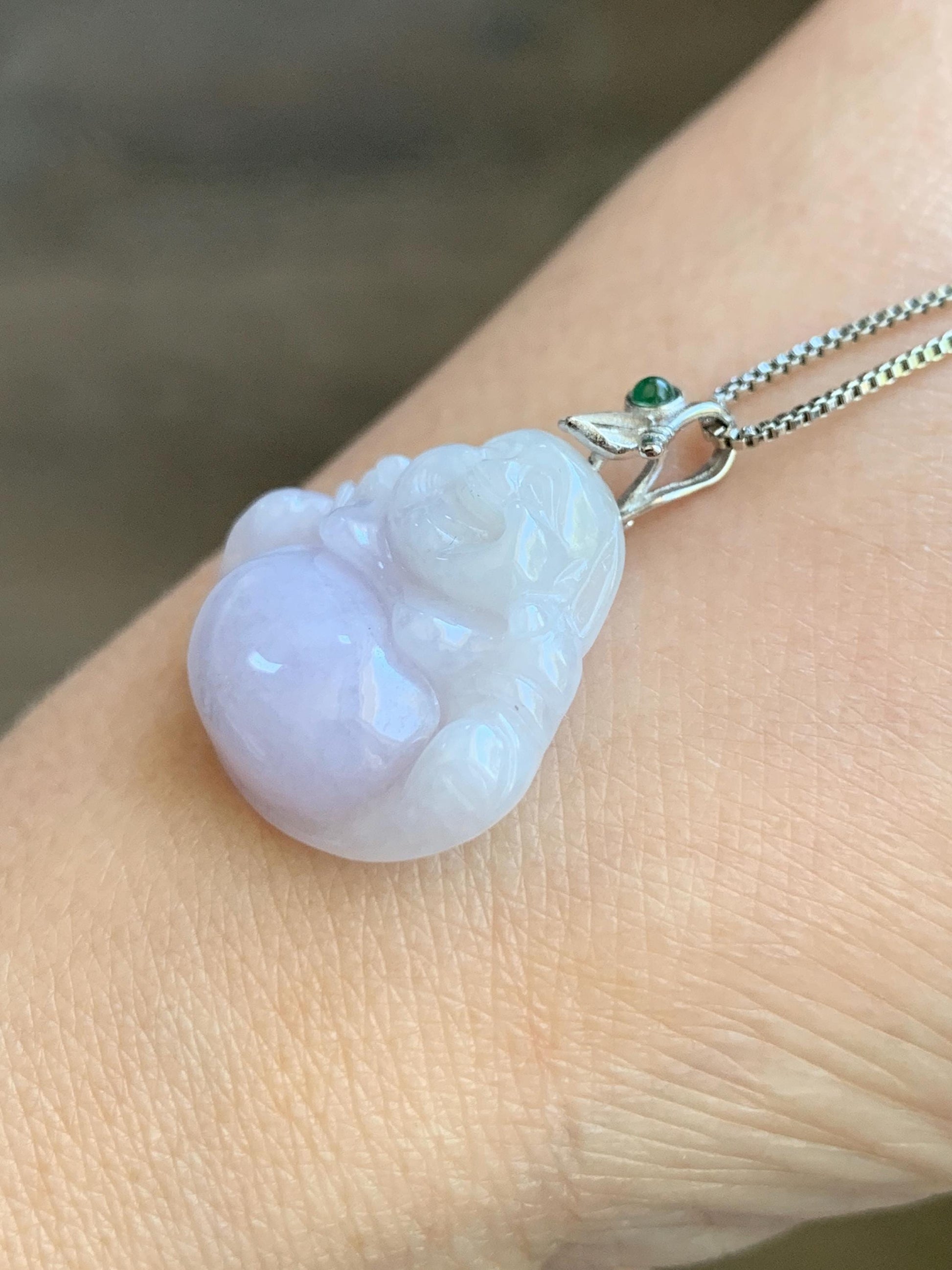 Natural Grade A Icy Translucent Light Purple Jadeite Buddha Pendant Guatemalan Green Jadeite Sterling Silver Bail 天然冰淡紫翡翠佛公吊坠危绿翡翠银扣头 BZB260