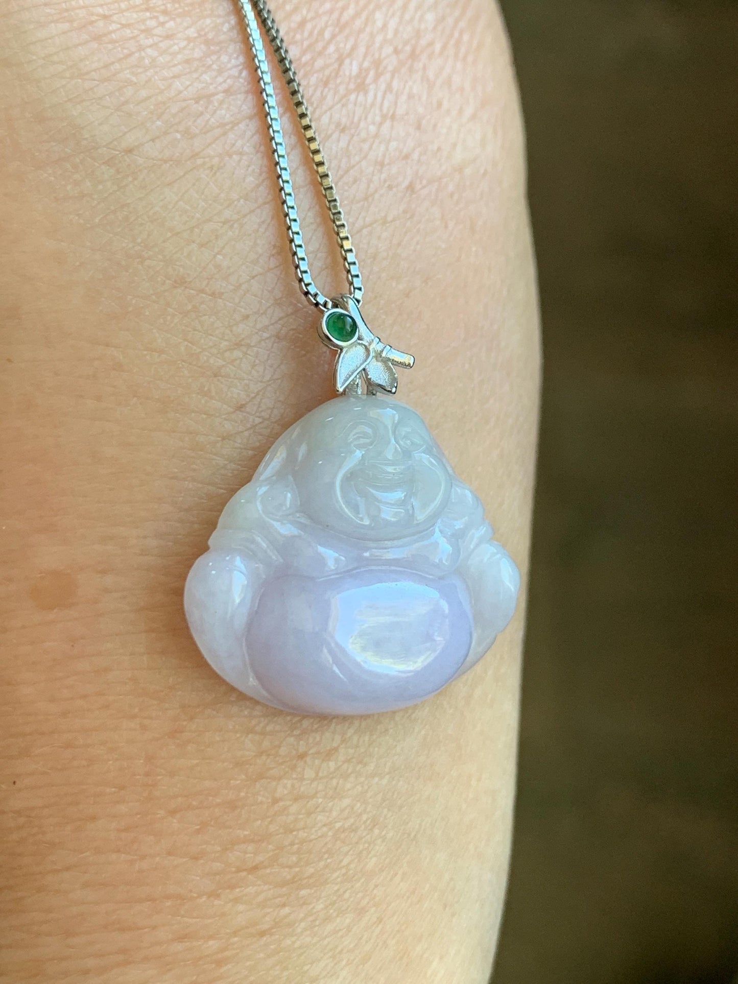 Natural Grade A Icy Translucent Light Purple Jadeite Buddha Pendant Guatemalan Green Jadeite Sterling Silver Bail 天然冰淡紫翡翠佛公吊坠危绿翡翠银扣头 BZB260