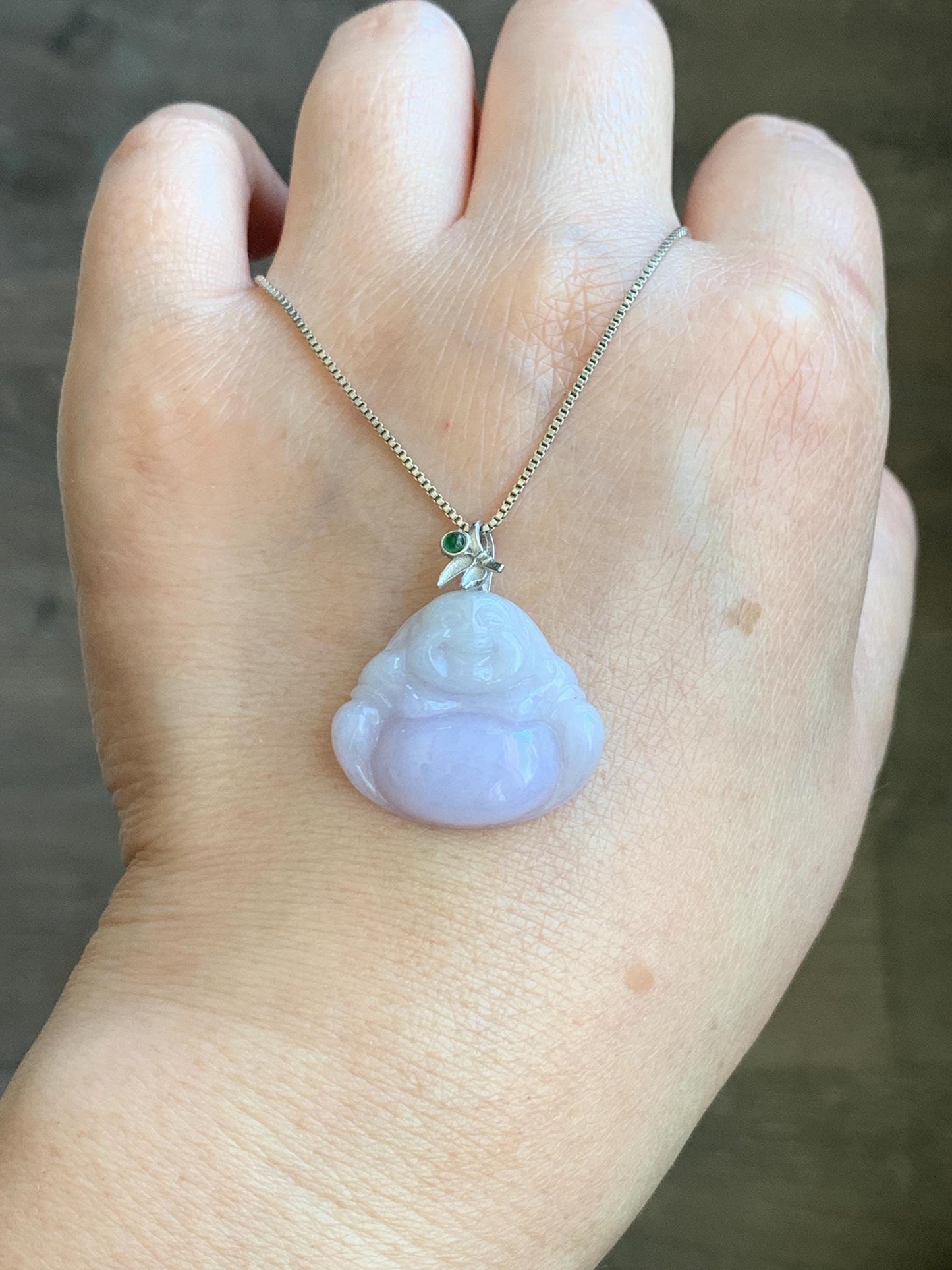 Natural Grade A Icy Translucent Light Purple Jadeite Buddha Pendant Guatemalan Green Jadeite Sterling Silver Bail 天然冰淡紫翡翠佛公吊坠危绿翡翠银扣头 BZB260