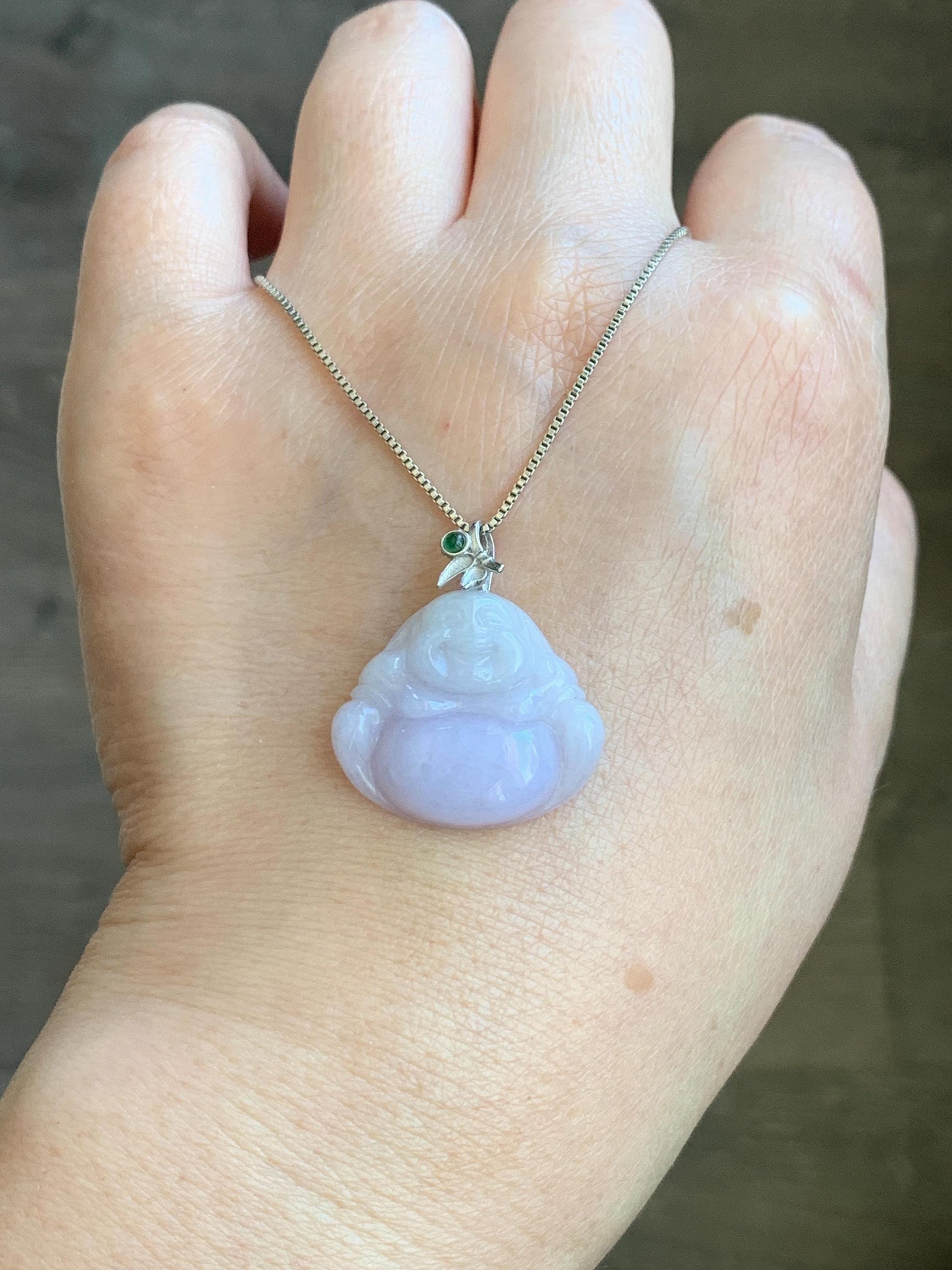 Natural Grade A Icy Translucent Light Purple Jadeite Buddha Pendant Guatemalan Green Jadeite Sterling Silver Bail 天然冰淡紫翡翠佛公吊坠危绿翡翠银扣头 BZB260