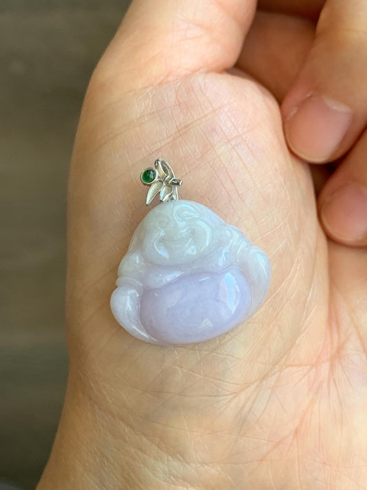 Natural Grade A Icy Translucent Light Purple Jadeite Buddha Pendant Guatemalan Green Jadeite Sterling Silver Bail 天然冰淡紫翡翠佛公吊坠危绿翡翠银扣头 BZB260