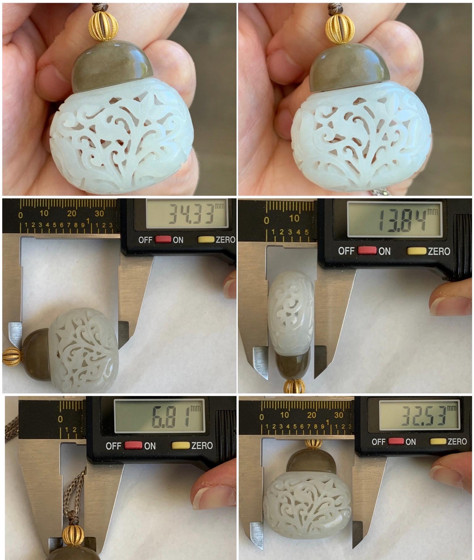 Natural Translucent Icy White & Brown Nephrite Jade Openwork Engraved Locket Pendant Rope Necklace Adjustable 25” 14g 天然和田玉白玉镂空雕花瓶项链 HTY-J