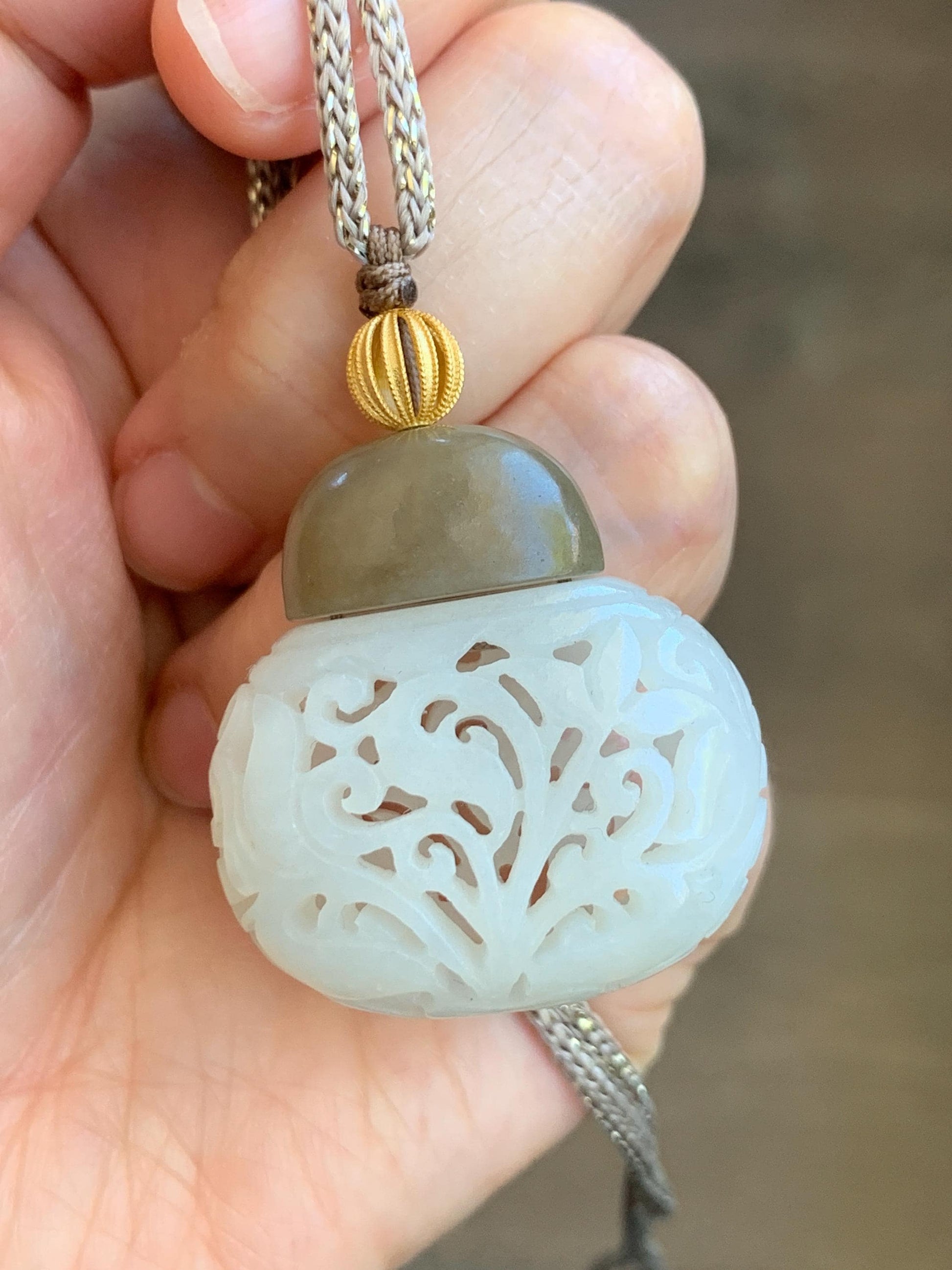 Natural Translucent Icy White & Brown Nephrite Jade Openwork Engraved Locket Pendant Rope Necklace Adjustable 25” 14g 天然和田玉白玉镂空雕花瓶项链 HTY-J