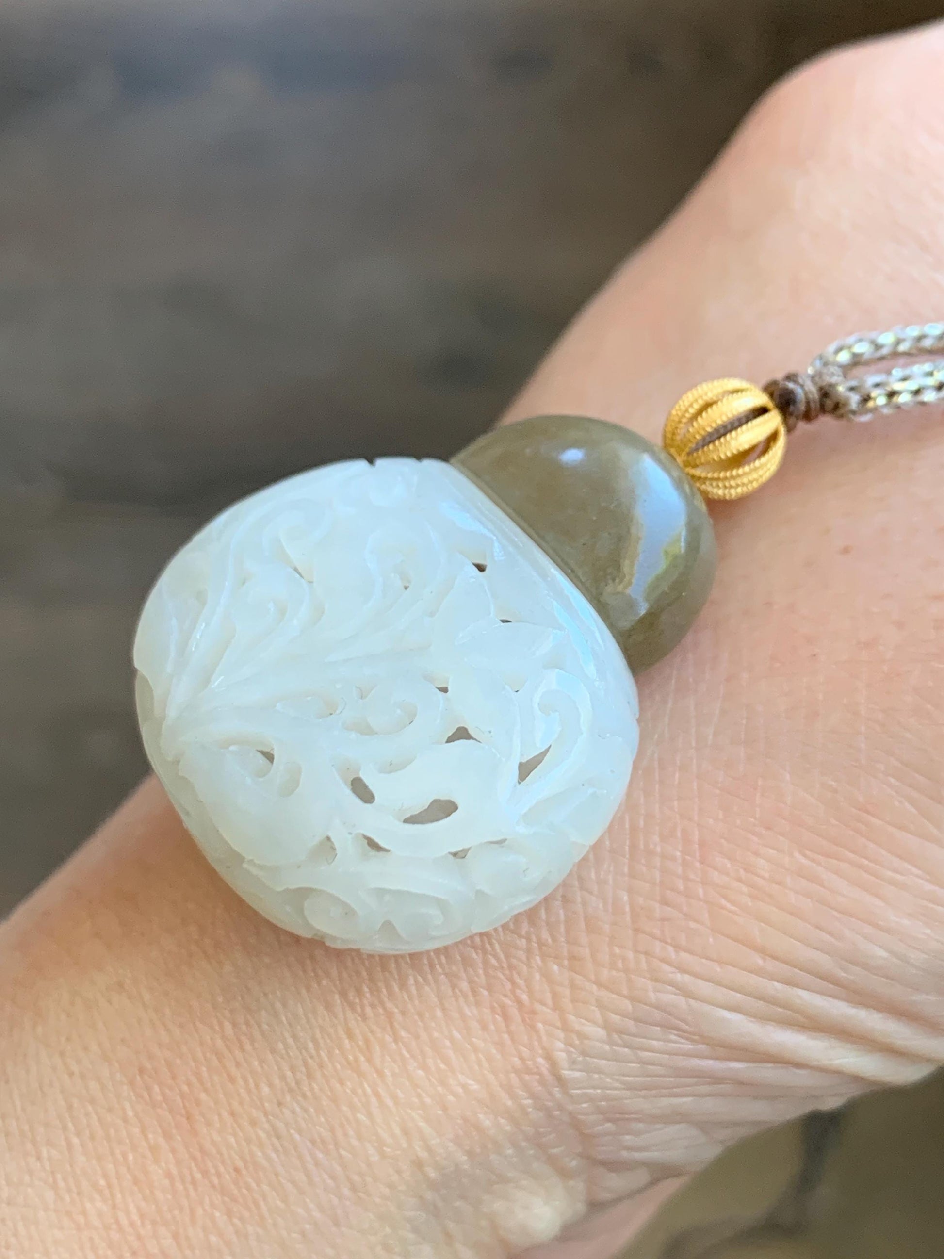 Natural Translucent Icy White & Brown Nephrite Jade Openwork Engraved Locket Pendant Rope Necklace Adjustable 25” 14g 天然和田玉白玉镂空雕花瓶项链 HTY-J