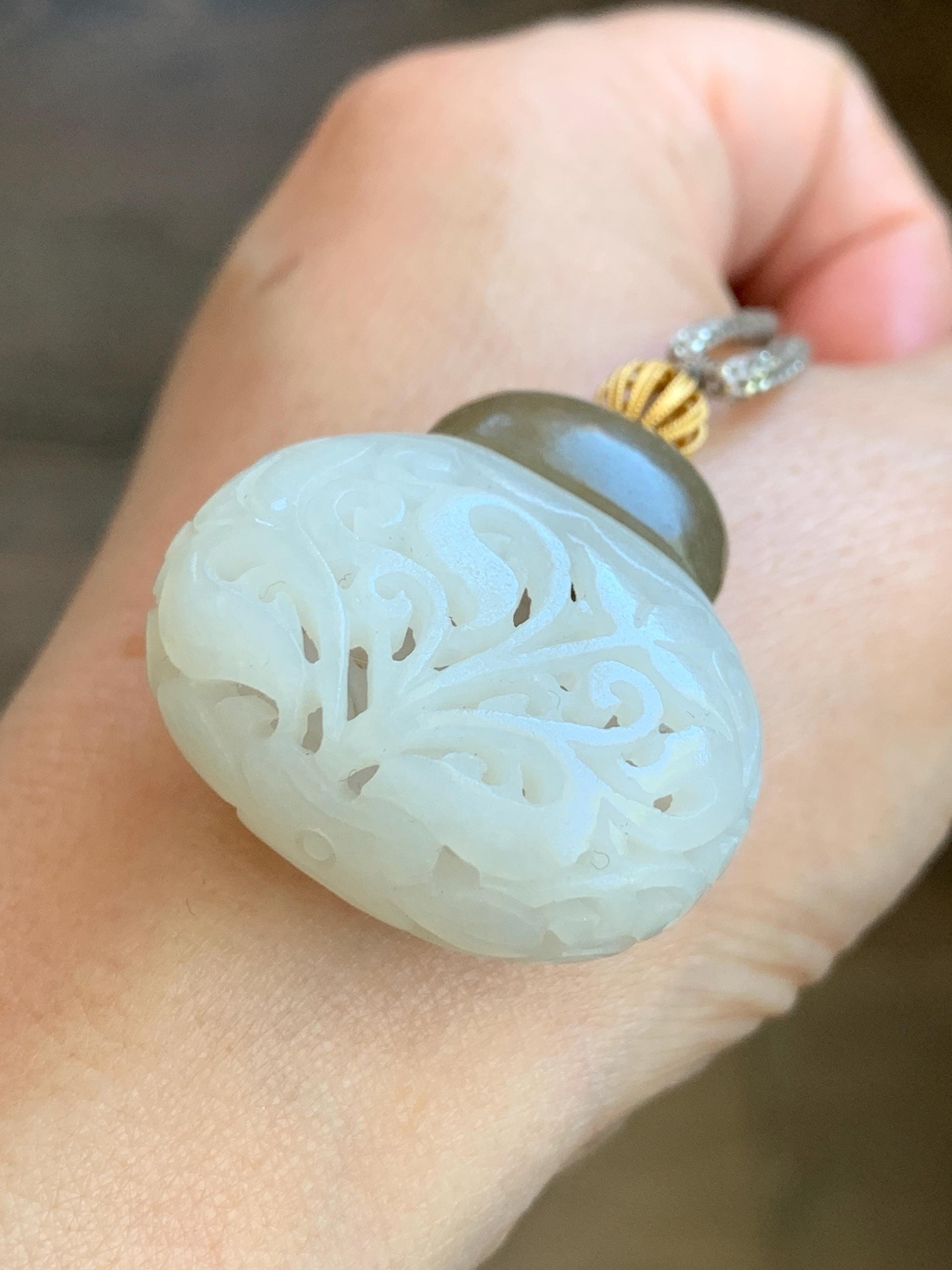Natural Translucent Icy White & Brown Nephrite Jade Openwork Engraved Locket Pendant Rope Necklace Adjustable 25” 14g 天然和田玉白玉镂空雕花瓶项链 HTY-J