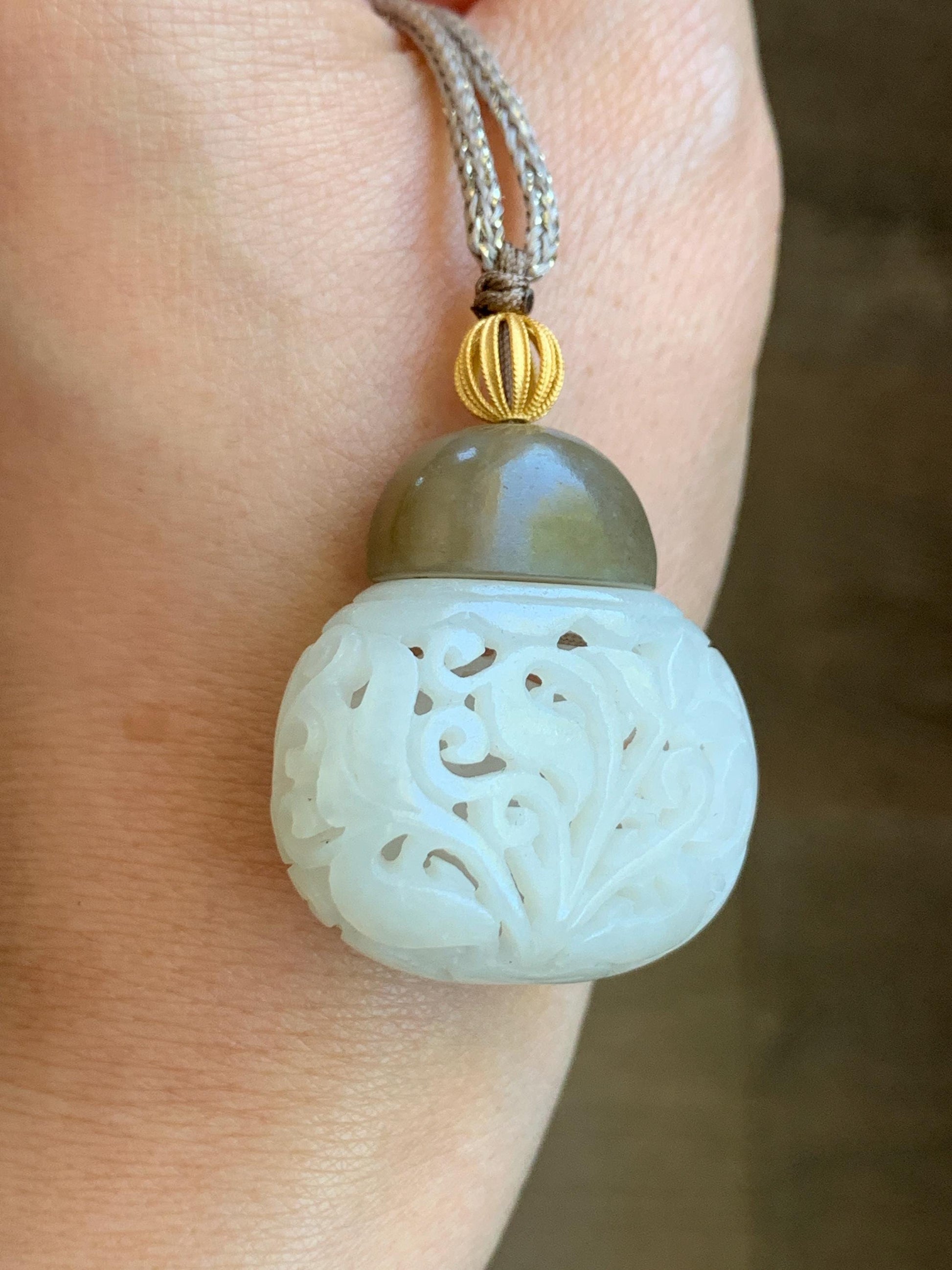 Natural Translucent Icy White & Brown Nephrite Jade Openwork Engraved Locket Pendant Rope Necklace Adjustable 25” 14g 天然和田玉白玉镂空雕花瓶项链 HTY-J