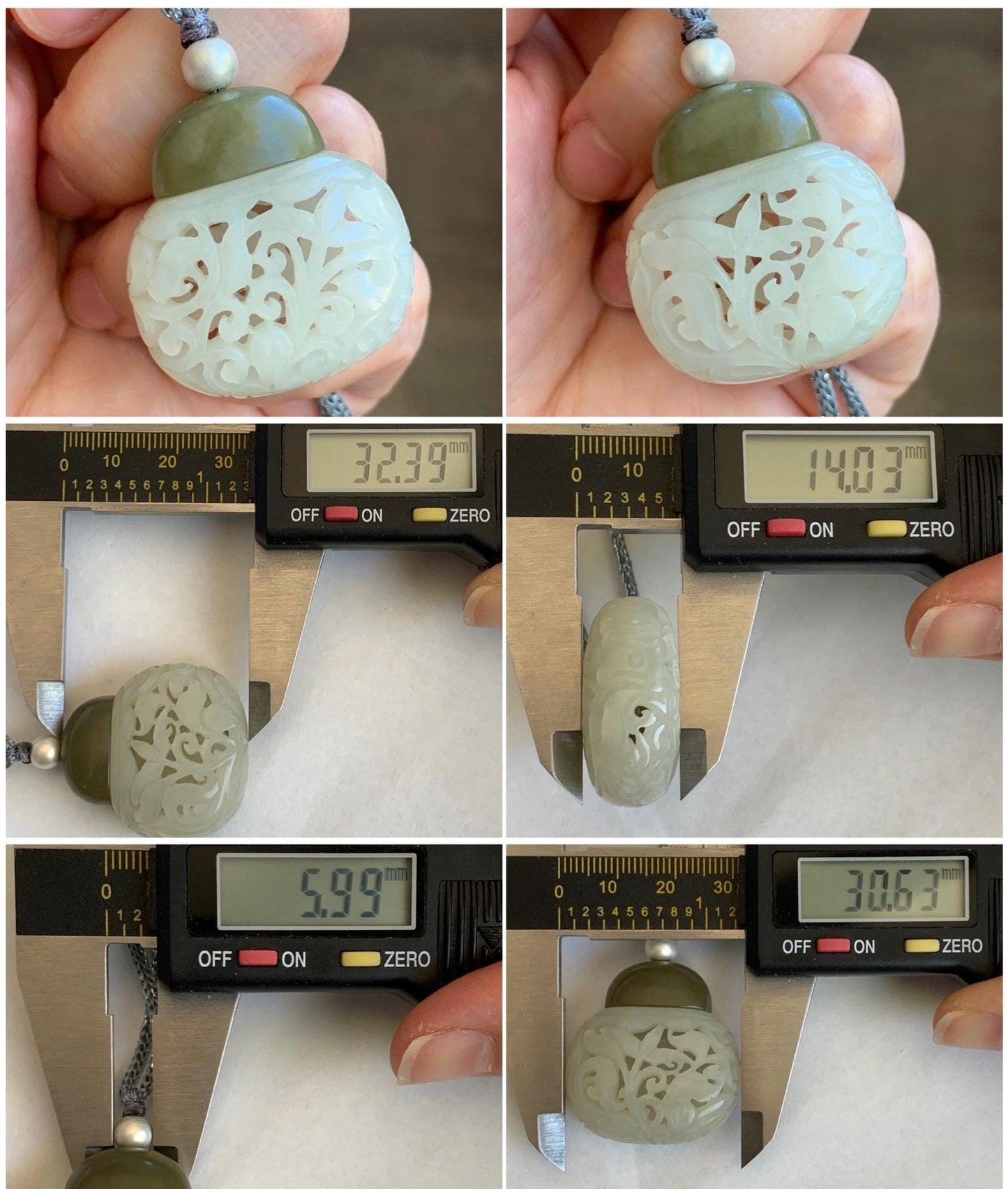 Natural Translucent Icy White & Green Nephrite Jade Openwork Engraved Locket Pendant Rope Necklace Adjustable 25” 14g 天然和田玉白玉镂空雕花瓶项链 HTY-Y
