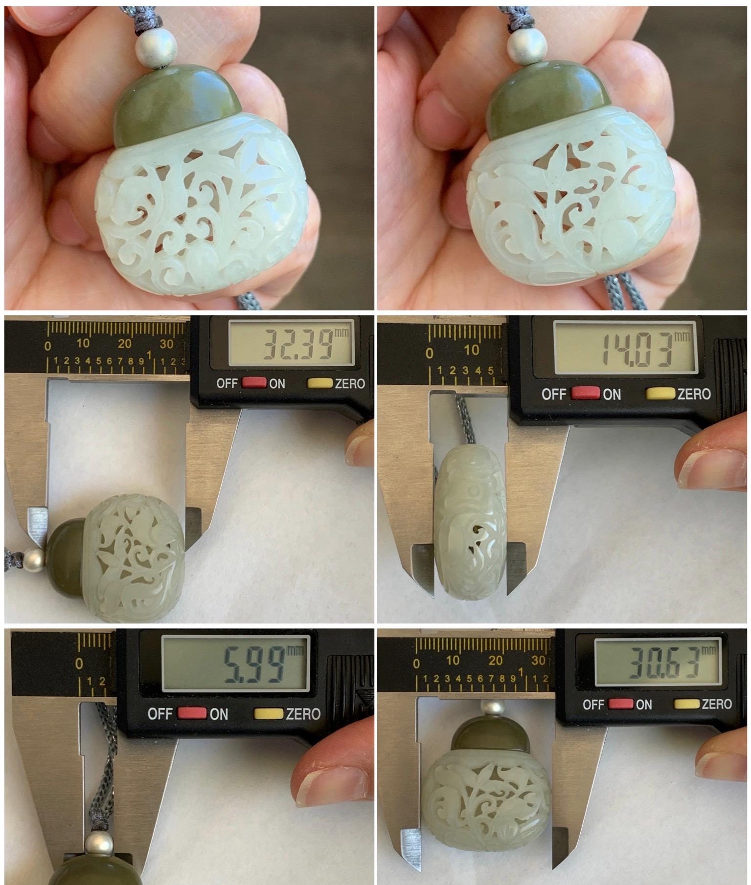 Natural Translucent Icy White & Green Nephrite Jade Openwork Engraved Locket Pendant Rope Necklace Adjustable 25” 14g 天然和田玉白玉镂空雕花瓶项链 HTY-Y