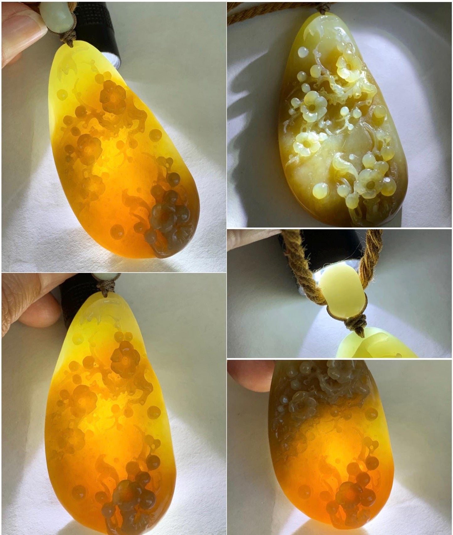 Natural Translucent Caramel Brown Nephrite Jade Carved Cherry Blossom Branch Pendant Rope Necklace Adjustable 28” 33g 天然和田玉焦糖玉梅花枝吊坠项链 HTY-MH