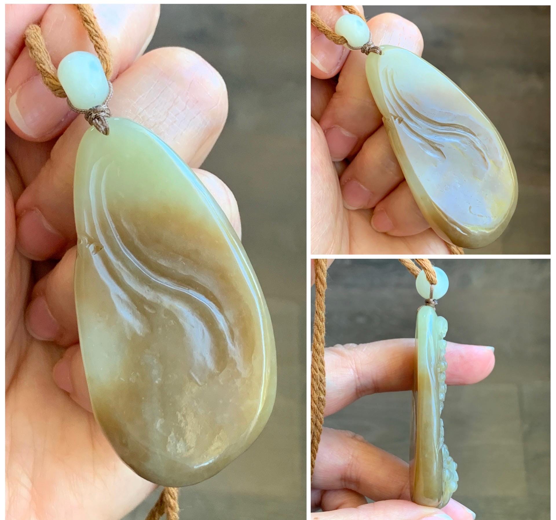 Natural Translucent Caramel Brown Nephrite Jade Carved Cherry Blossom Branch Pendant Rope Necklace Adjustable 28” 33g 天然和田玉焦糖玉梅花枝吊坠项链 HTY-MH