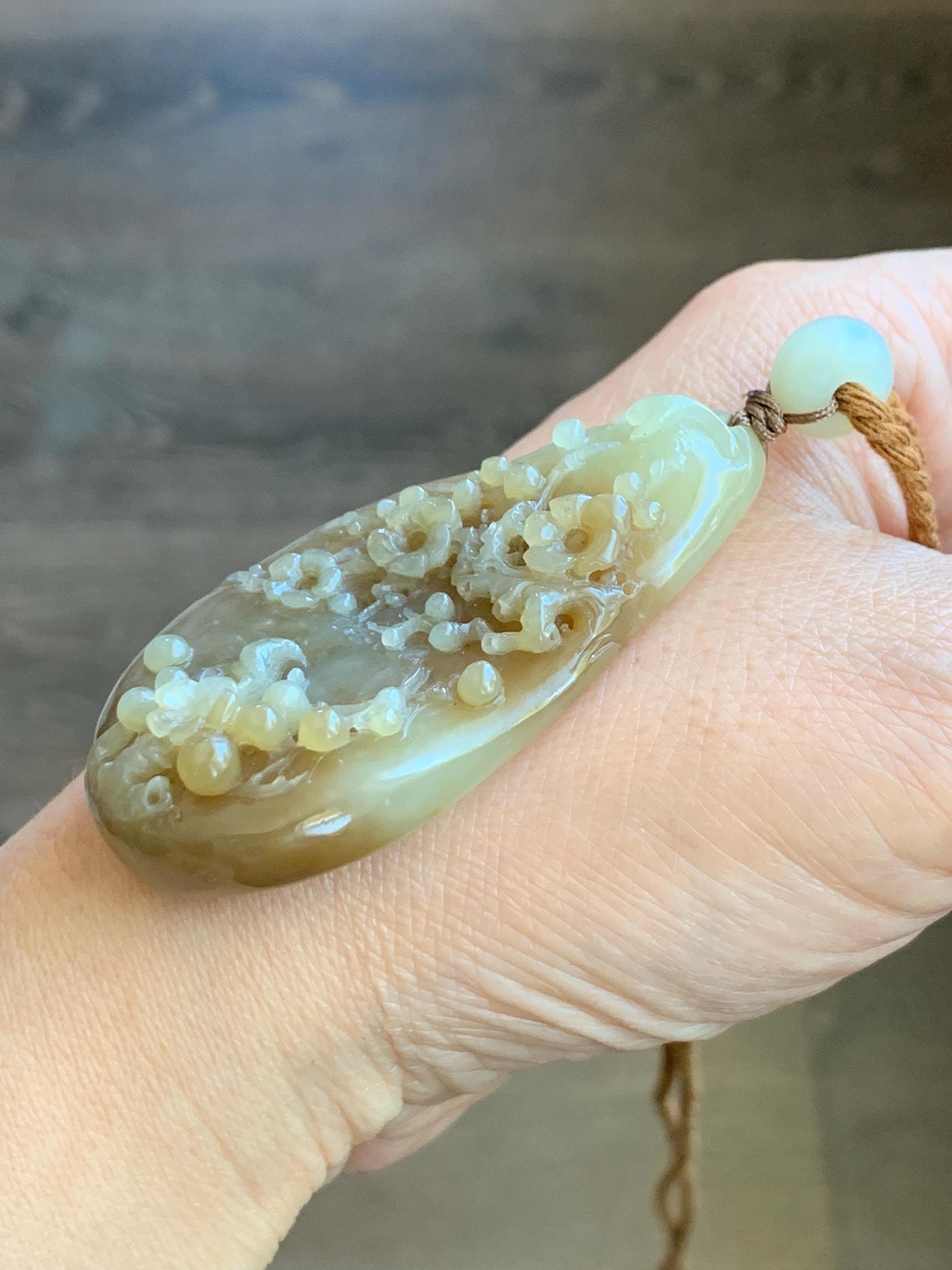 Natural Translucent Caramel Brown Nephrite Jade Carved Cherry Blossom Branch Pendant Rope Necklace Adjustable 28” 33g 天然和田玉焦糖玉梅花枝吊坠项链 HTY-MH