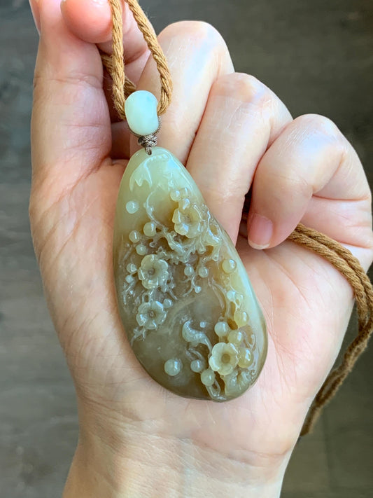 Natural Translucent Caramel Brown Nephrite Jade Carved Cherry Blossom Branch Pendant Rope Necklace Adjustable 28” 33g 天然和田玉焦糖玉梅花枝吊坠项链 HTY-MH
