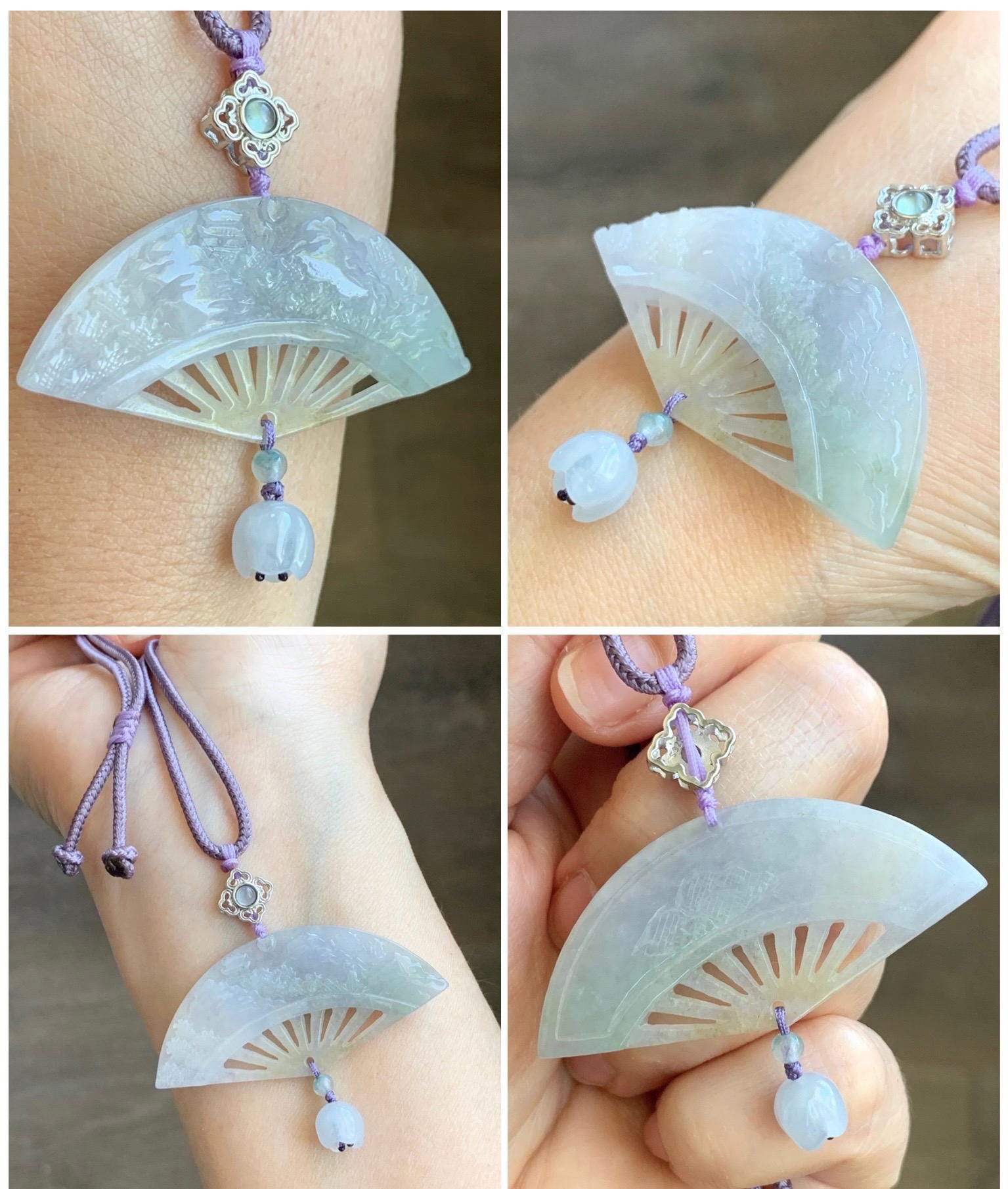 Natural Grade A Icy Translucent Tricolored Jadeite Shan Shui Landscape Fan Pendant Rope Necklace 25” Sterling Silver 天然冰胶紫三彩翡翠山水扇子吊坠 SCSS-A
