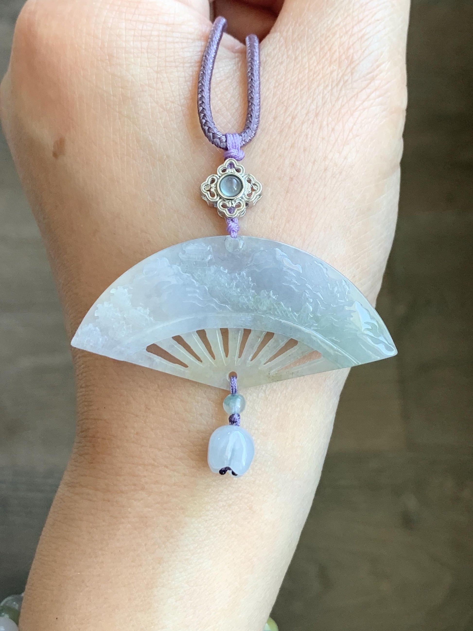 Natural Grade A Icy Translucent Tricolored Jadeite Shan Shui Landscape Fan Pendant Rope Necklace 25” Sterling Silver 天然冰胶紫三彩翡翠山水扇子吊坠 SCSS-A