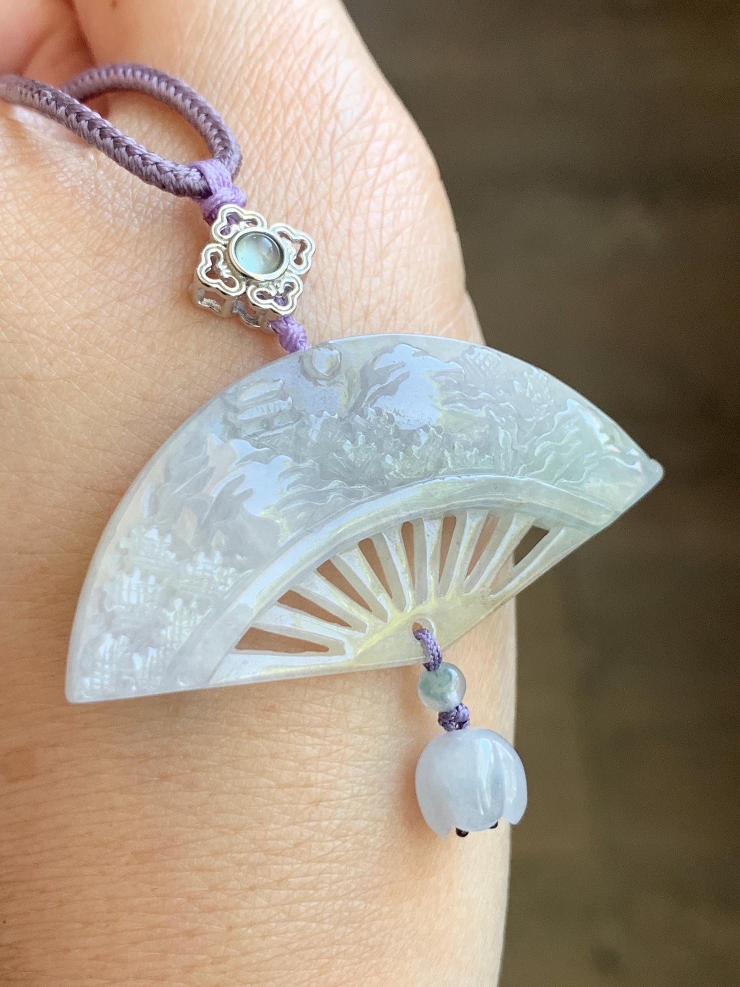 Natural Grade A Icy Translucent Tricolored Jadeite Shan Shui Landscape Fan Pendant Rope Necklace 25” Sterling Silver 天然冰胶紫三彩翡翠山水扇子吊坠 SCSS-A