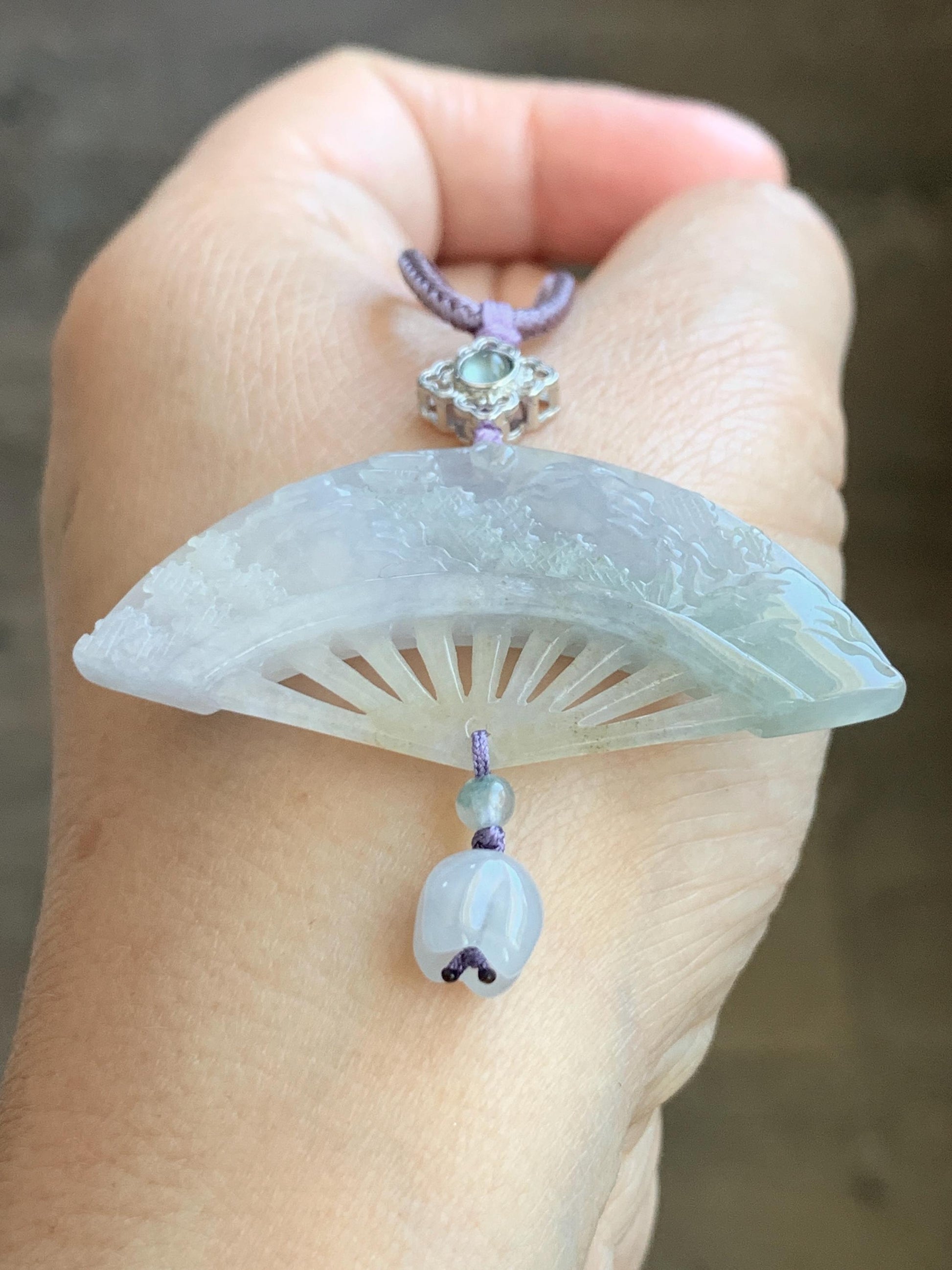 Natural Grade A Icy Translucent Tricolored Jadeite Shan Shui Landscape Fan Pendant Rope Necklace 25” Sterling Silver 天然冰胶紫三彩翡翠山水扇子吊坠 SCSS-A