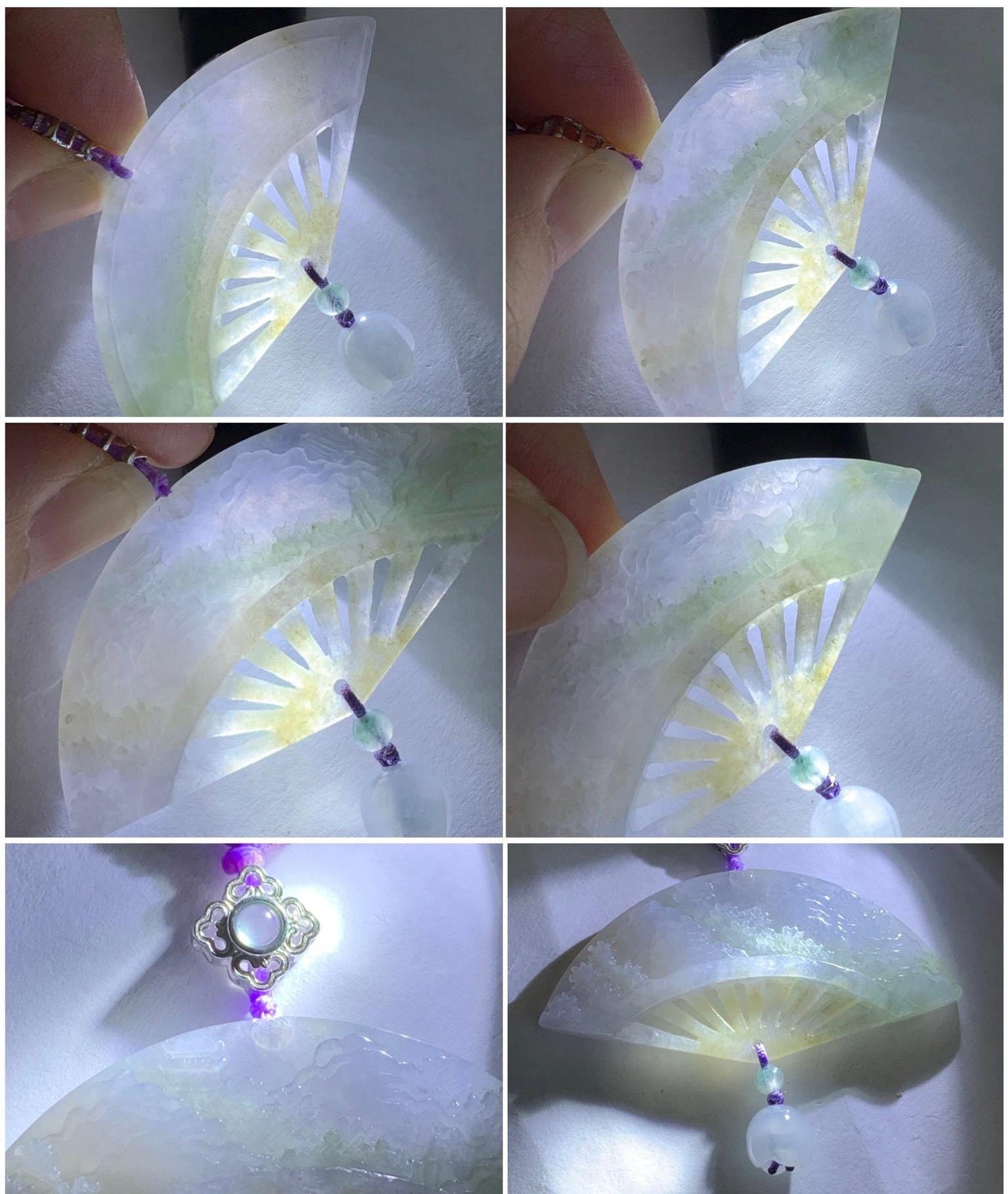 Natural Grade A Icy Translucent Tricolored Jadeite Shan Shui Landscape Fan Pendant Rope Necklace 25” Sterling Silver 天然冰胶紫三彩翡翠山水扇子吊坠 SCSS-A