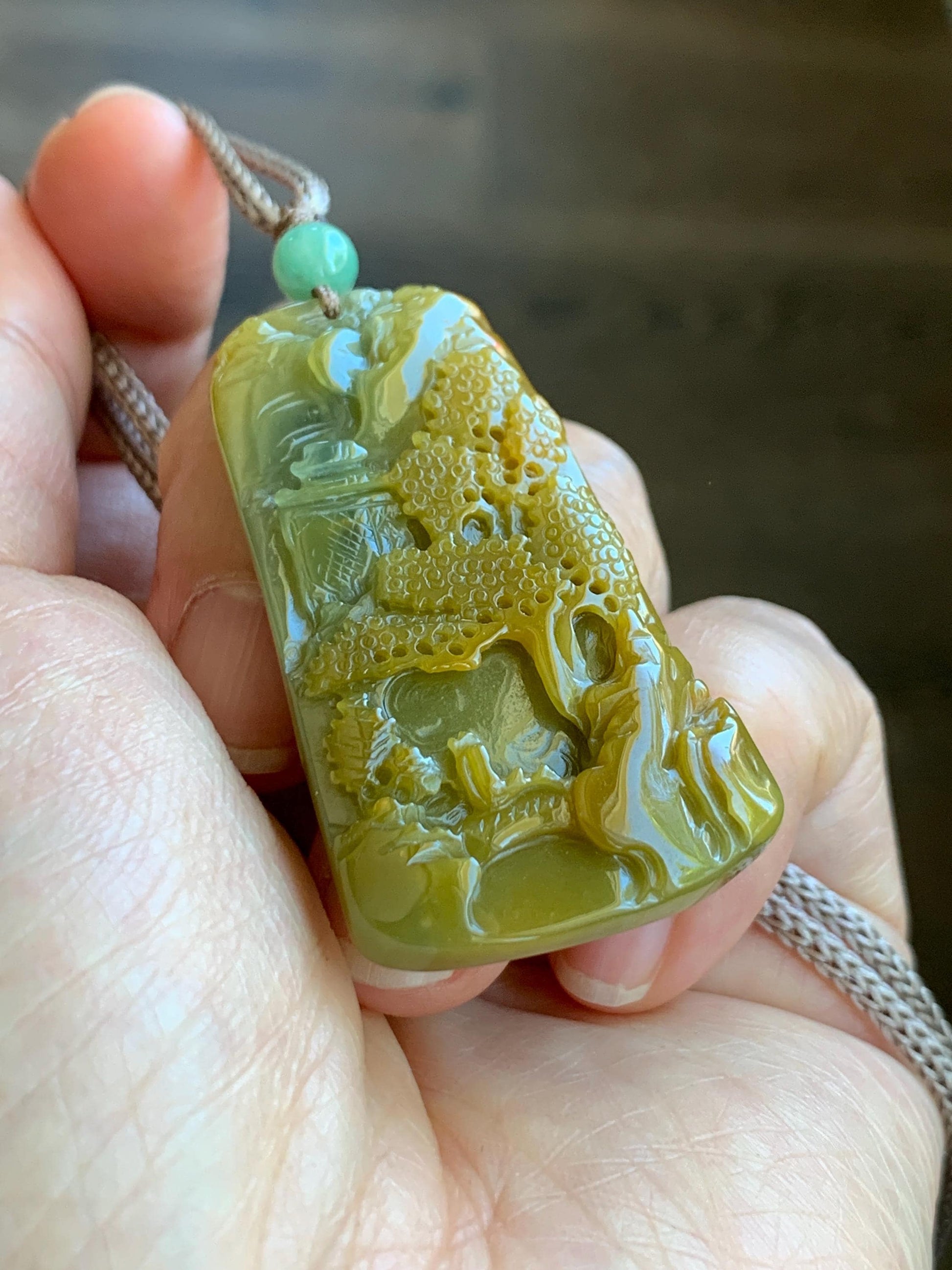 Natural Grade A Guatemalan Icy Translucent Intense Yellow Jadeite Shan Shui Landscape Pendant Rope Necklace 25” 16g 天然冰危黄翡翠山水牌吊坠 WHSS