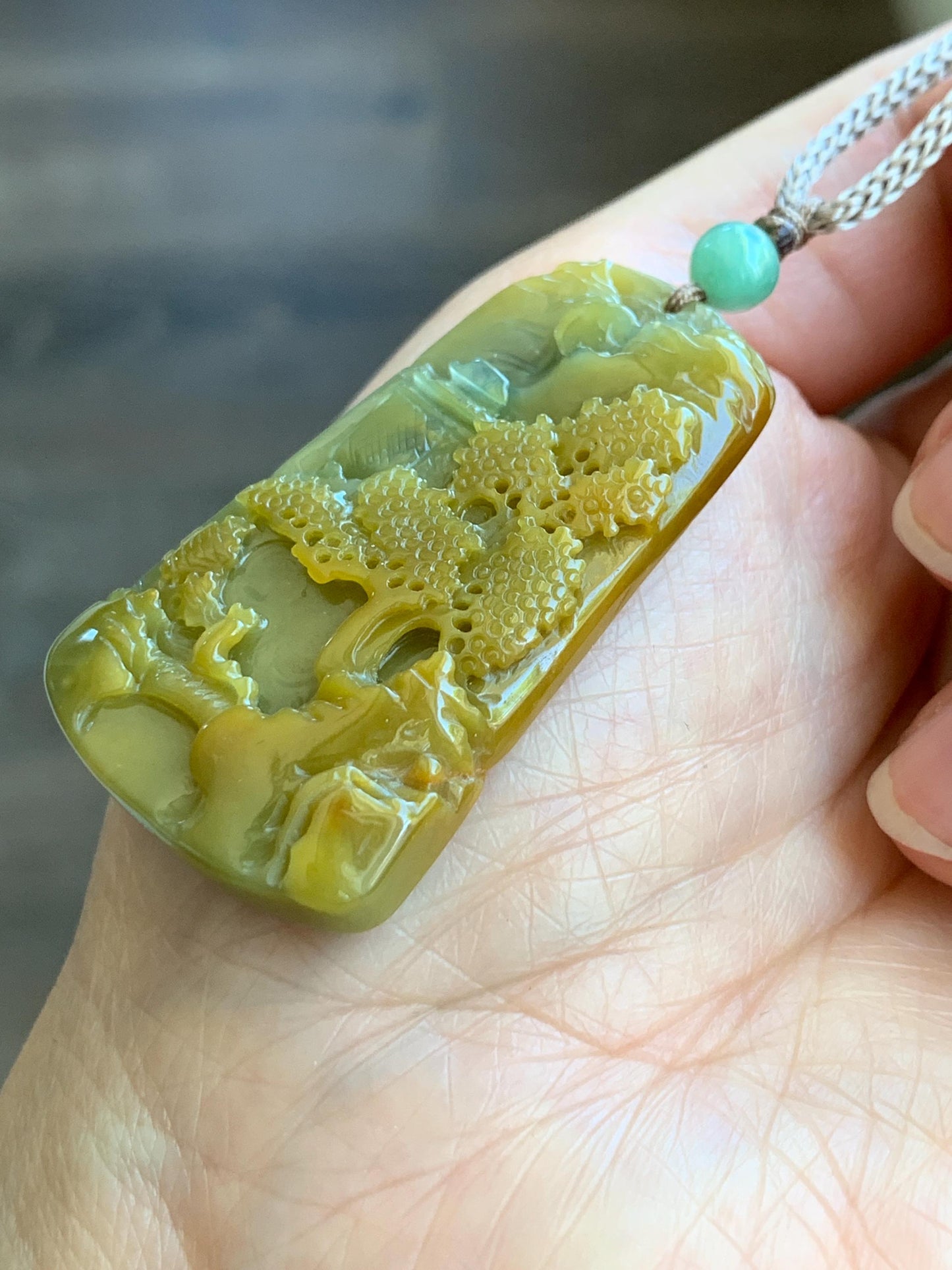 Natural Grade A Guatemalan Icy Translucent Intense Yellow Jadeite Shan Shui Landscape Pendant Rope Necklace 25” 16g 天然冰危黄翡翠山水牌吊坠 WHSS