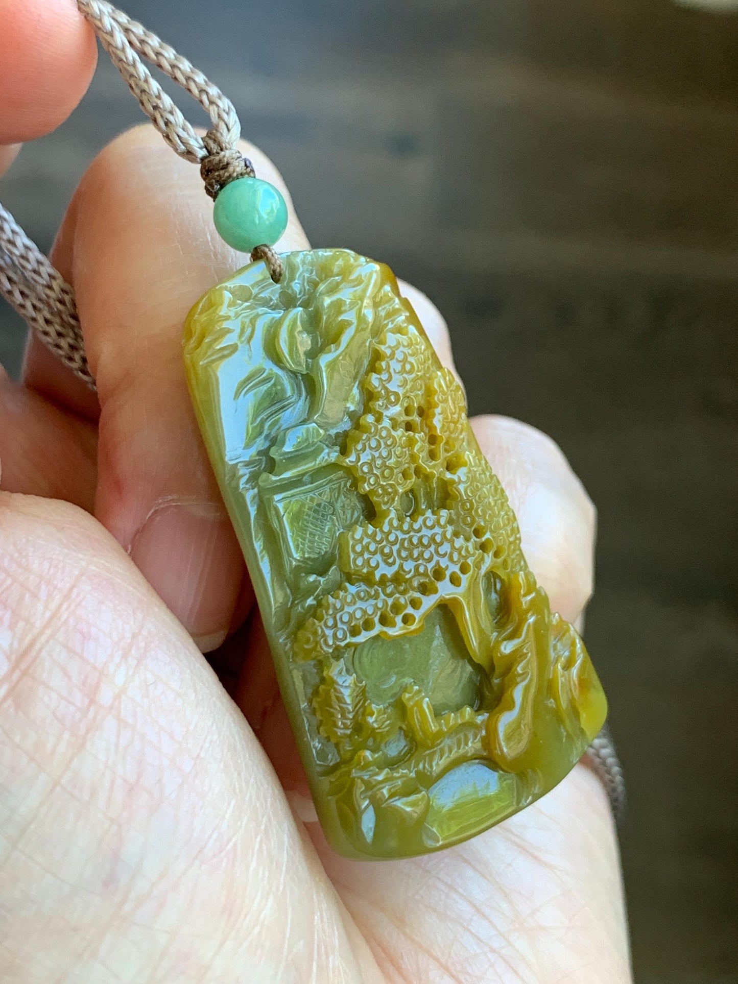 Natural Grade A Guatemalan Icy Translucent Intense Yellow Jadeite Shan Shui Landscape Pendant Rope Necklace 25” 16g 天然冰危黄翡翠山水牌吊坠 WHSS