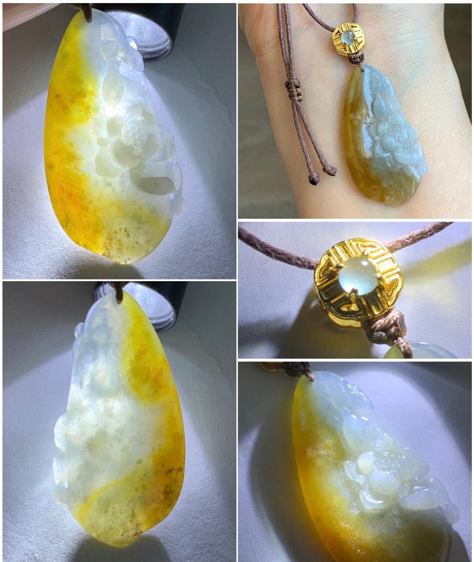 Certified Natural Grade A Icy Translucent Yellow Pastel Blue Marbled Jadeite Lotus Flower Rope Necklace Sterling Silver 26” 天然冰胶黄翡翠莲花吊坠 1468